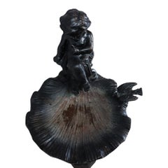 Antique Figural Cherub & Seashell Cast Iron Garden Birdbath C1920