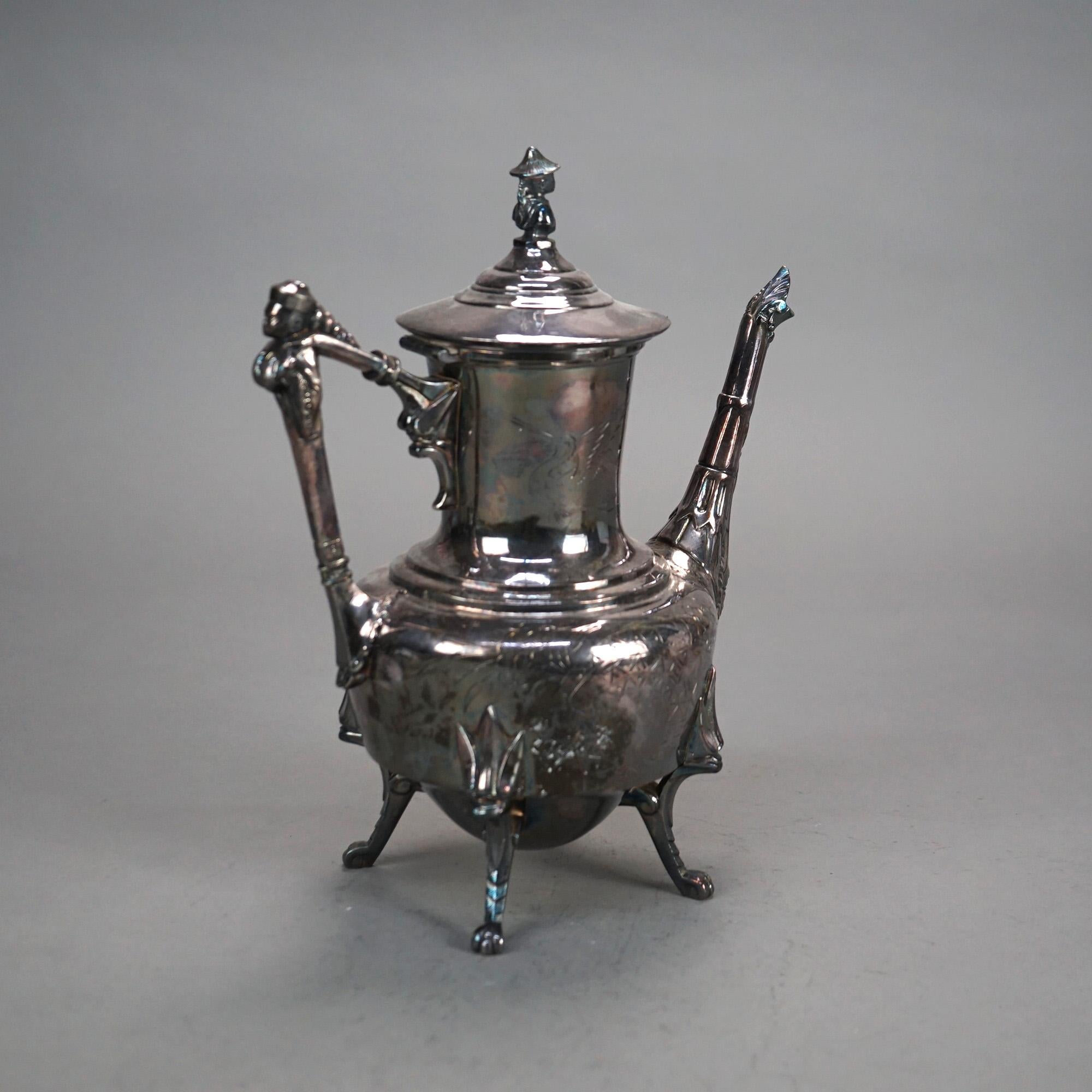 Théière ancienne en métal argenté figuratif et pieds de griffes C1890 en vente 1