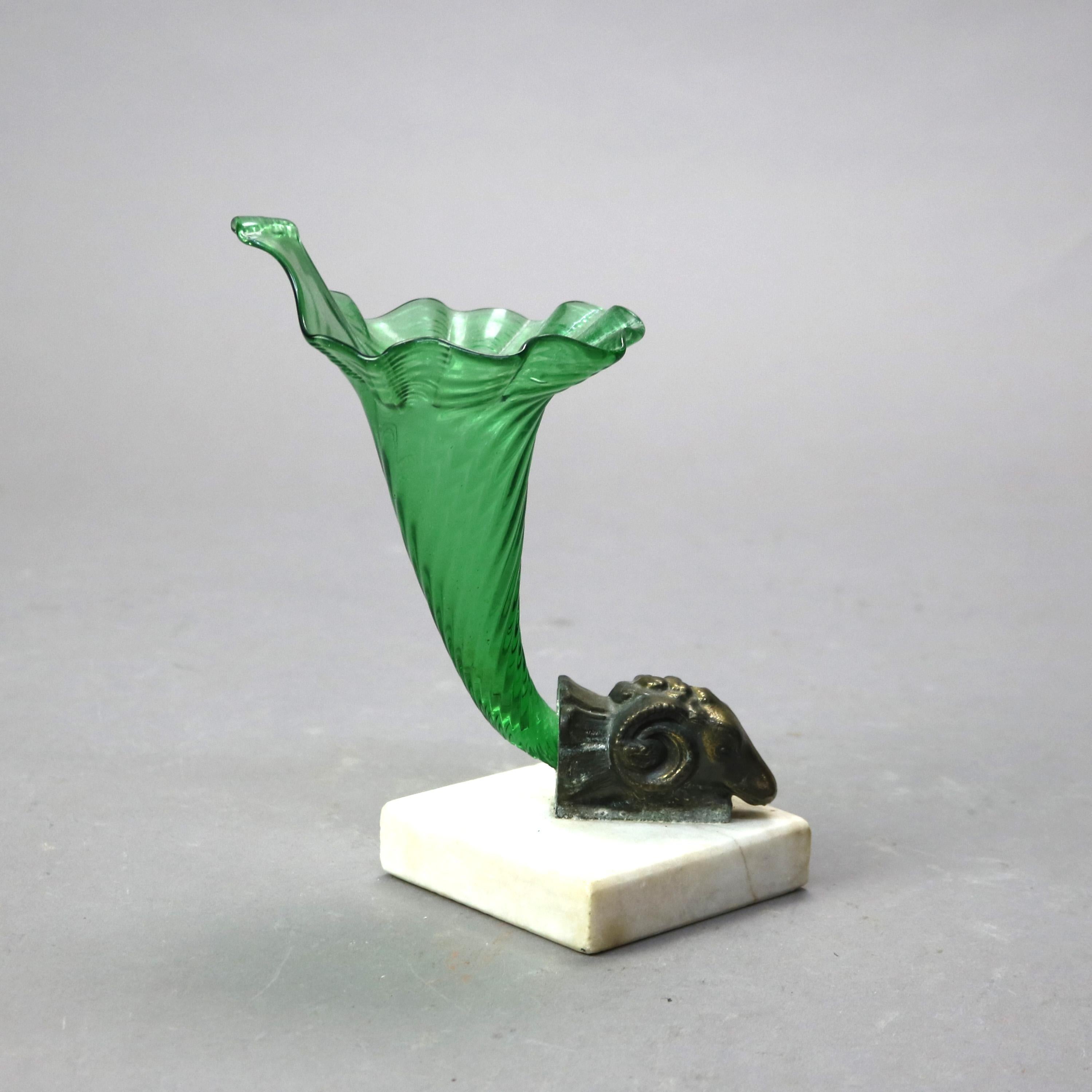 Antique Figural Cornucopia Green Glass Vase with Bronze Ram’s Head and Marble Base C1890

Measures - 6.75
