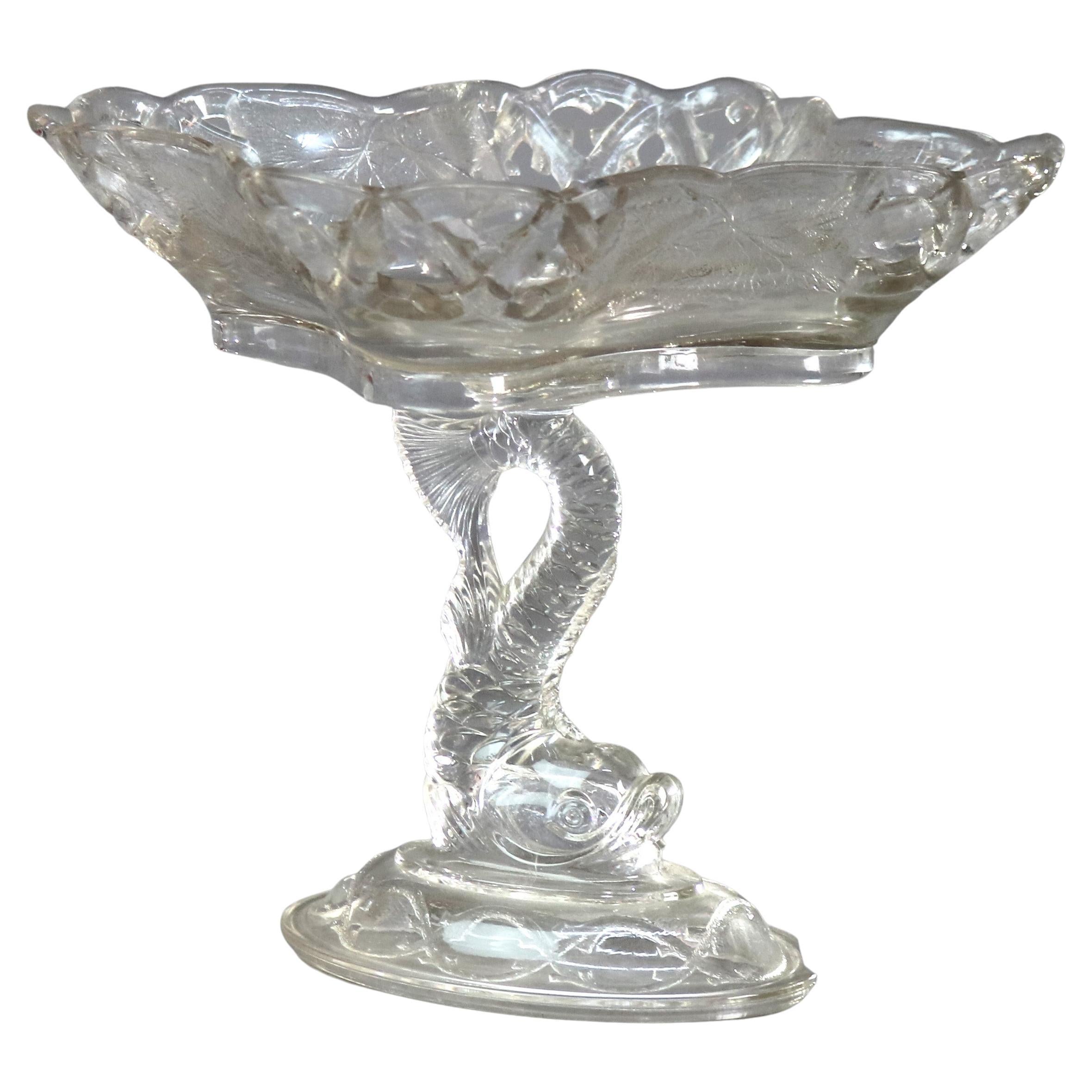 Antique Figural Dolphin Pressed Glass Compote C1930