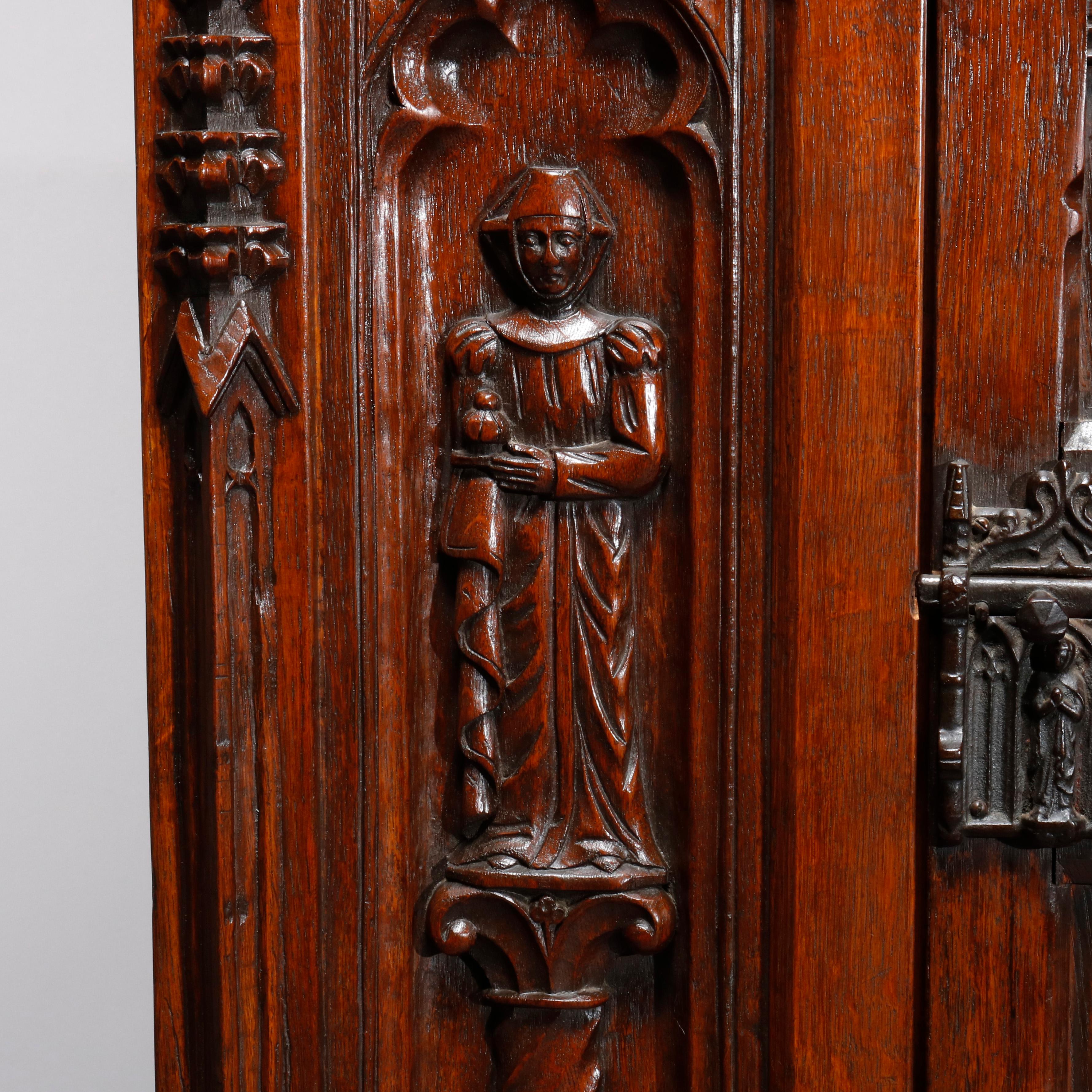 Antique Figural English Gothic Revival Carved Oak Court Cupboard, circa 1890 In Good Condition In Big Flats, NY