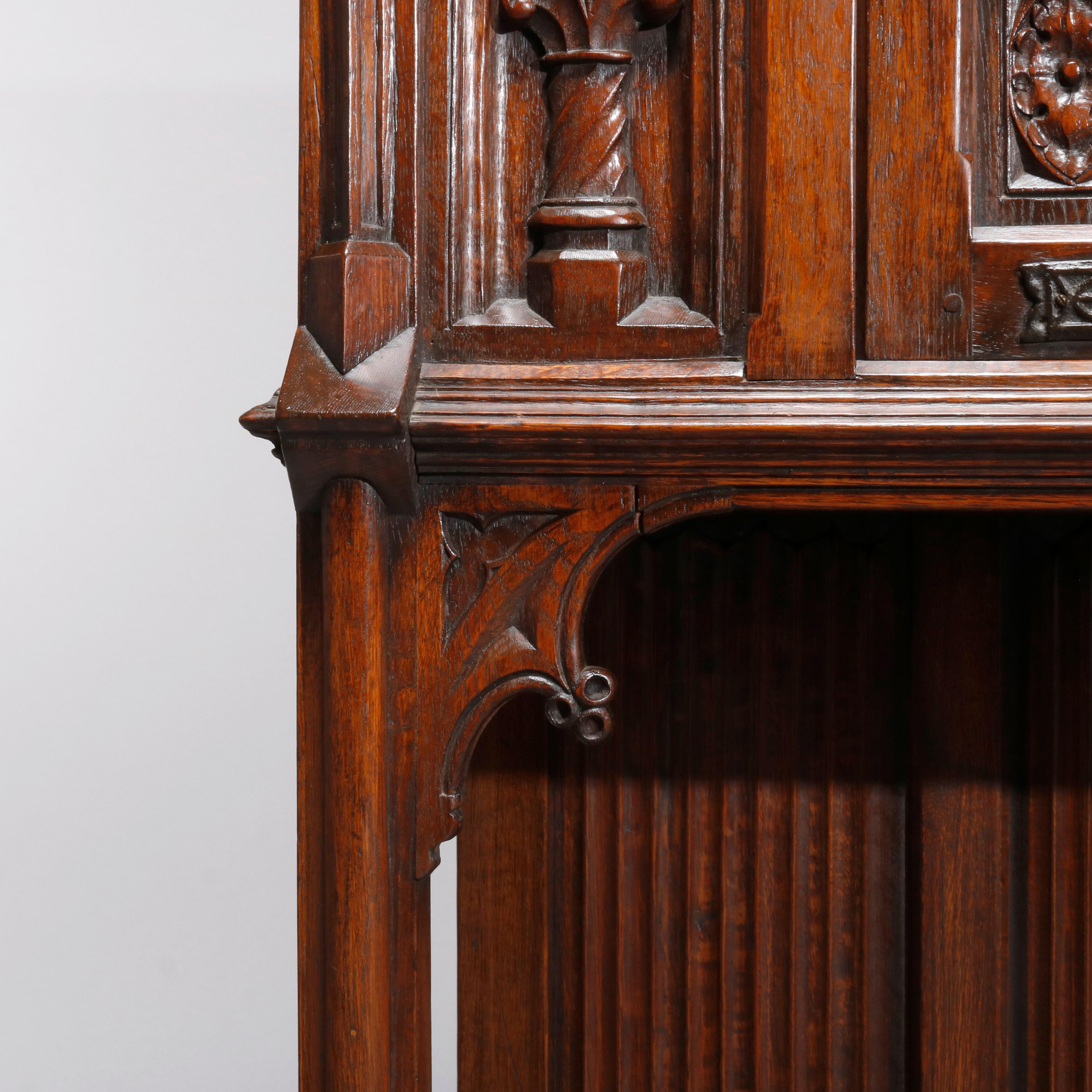Iron Antique Figural English Gothic Revival Carved Oak Court Cupboard, circa 1890