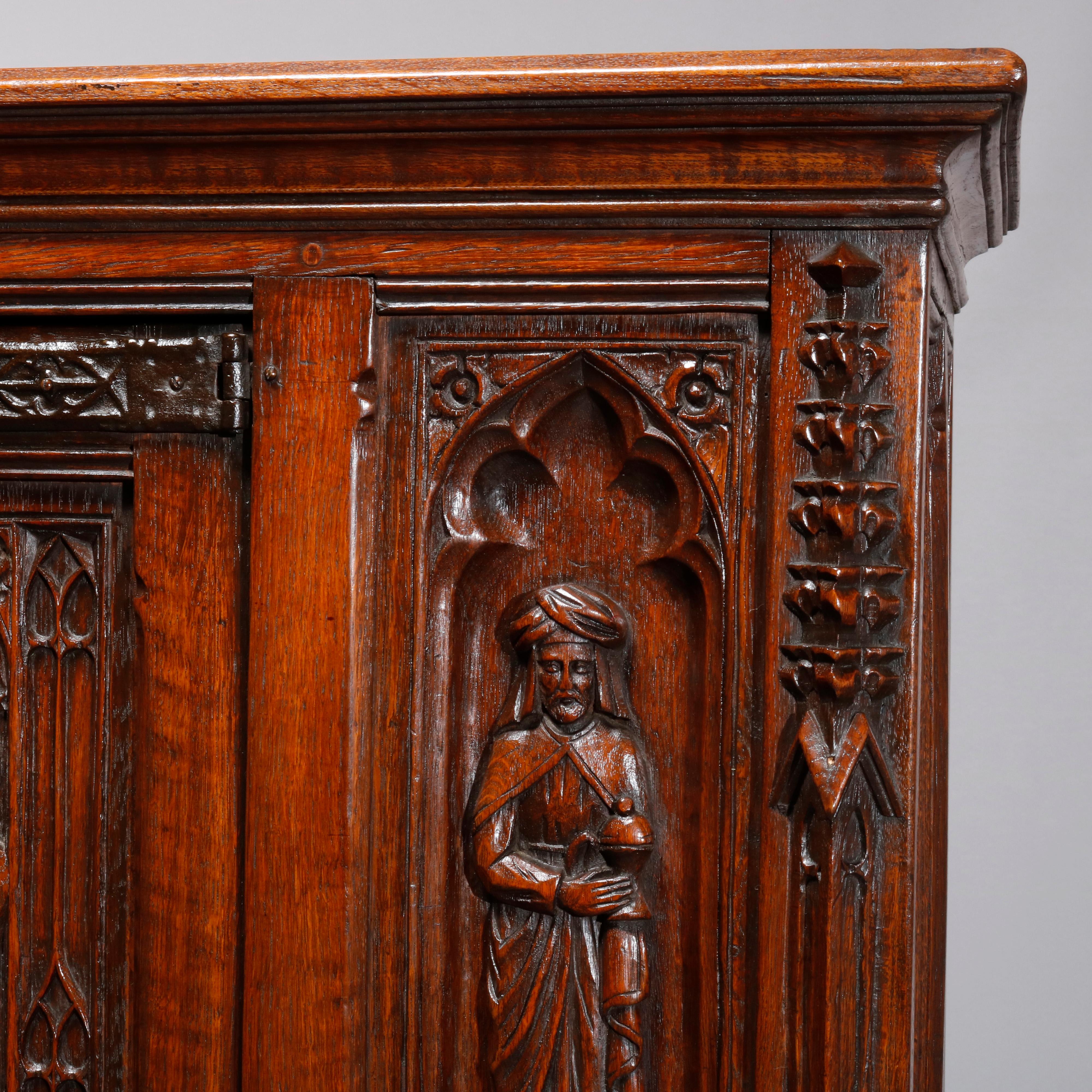 Antique Figural English Gothic Revival Carved Oak Court Cupboard, circa 1890 4
