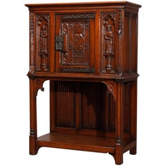 Vintage Figural English Gothic Revival Carved Oak Court Cupboard, circa 1890