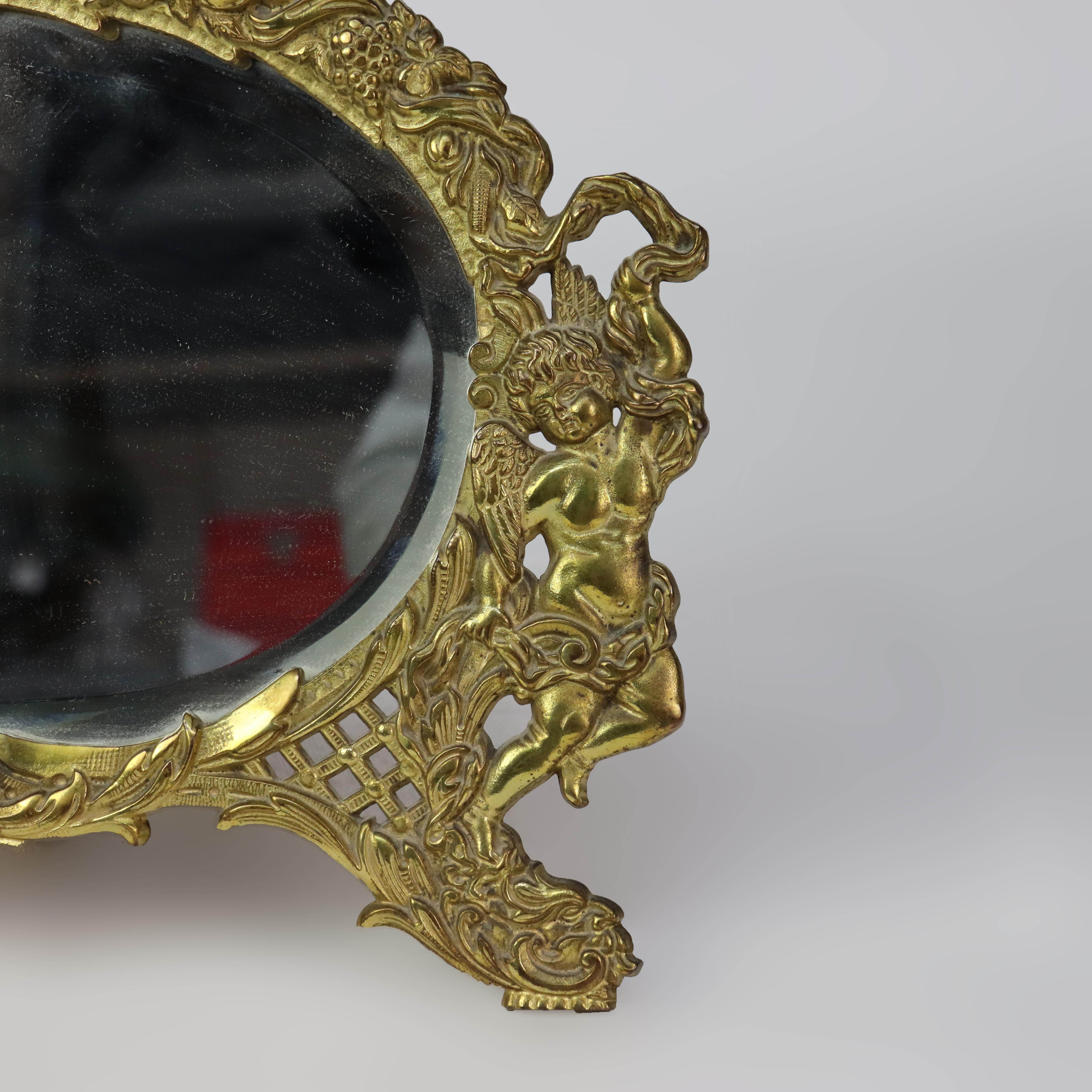 Antiguo espejo tocador de bronce dorado con figuras y flores C1920 en Bueno estado para la venta en Big Flats, NY