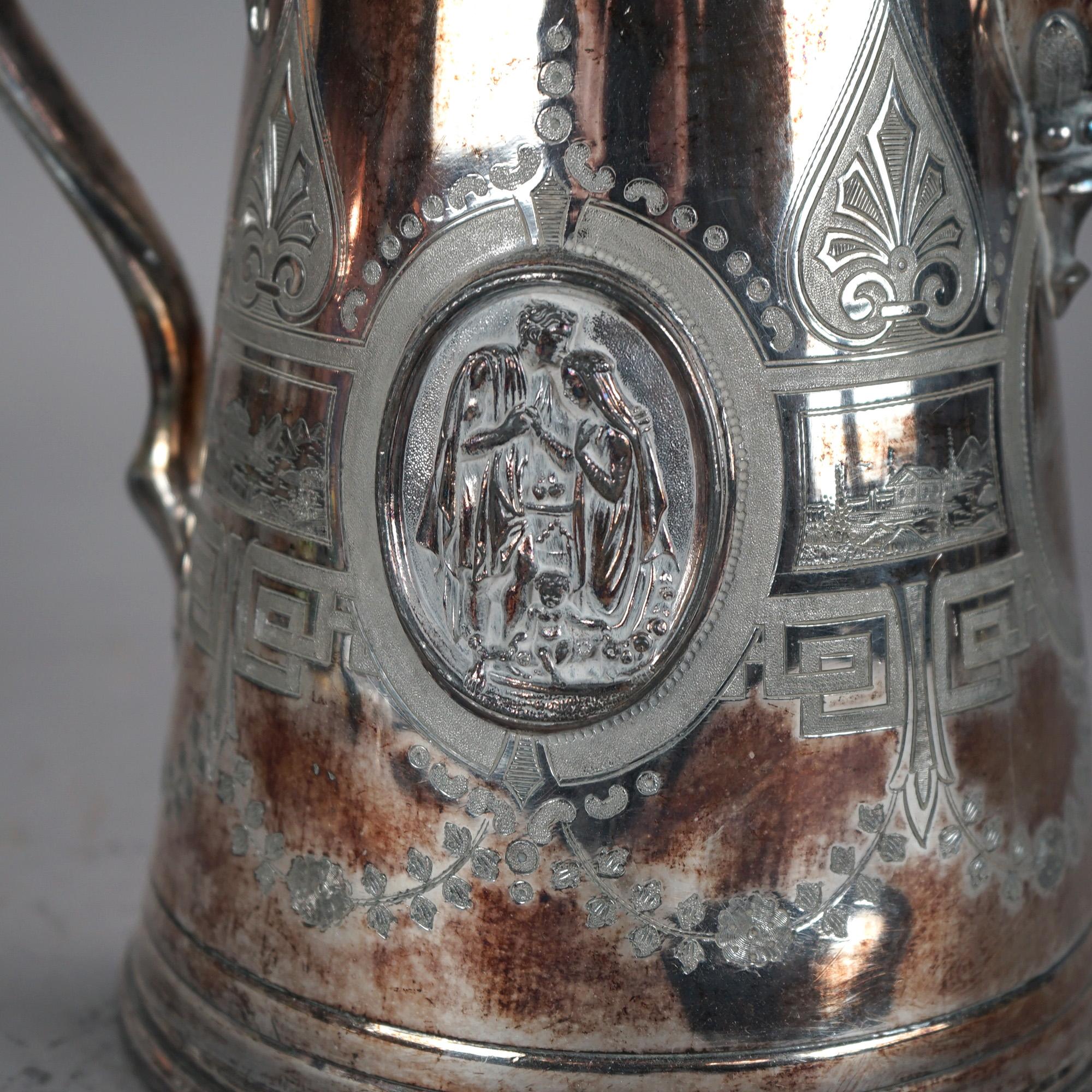 Antique Figural & Foliate Engraved Silver Plated Pitcher C1890 In Good Condition For Sale In Big Flats, NY
