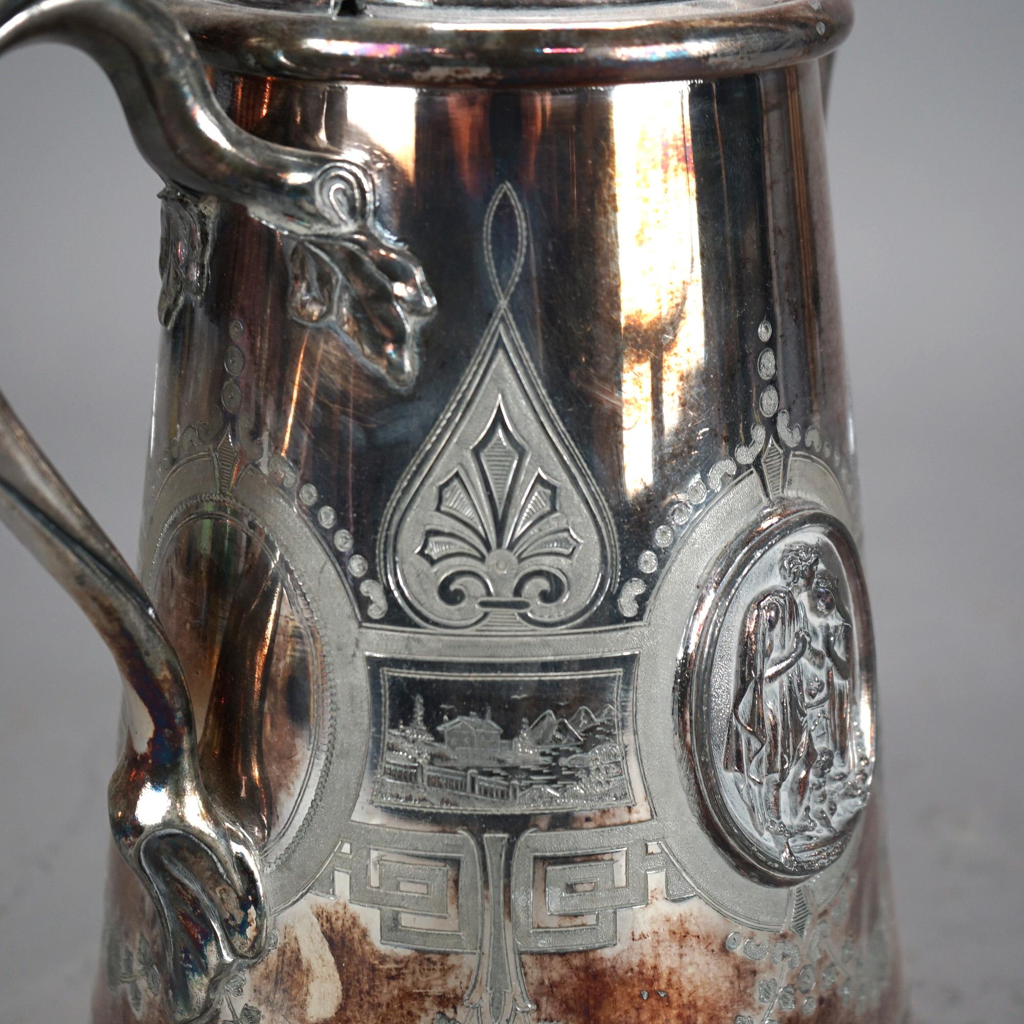 19th Century Antique Figural & Foliate Engraved Silver Plated Pitcher C1890 For Sale