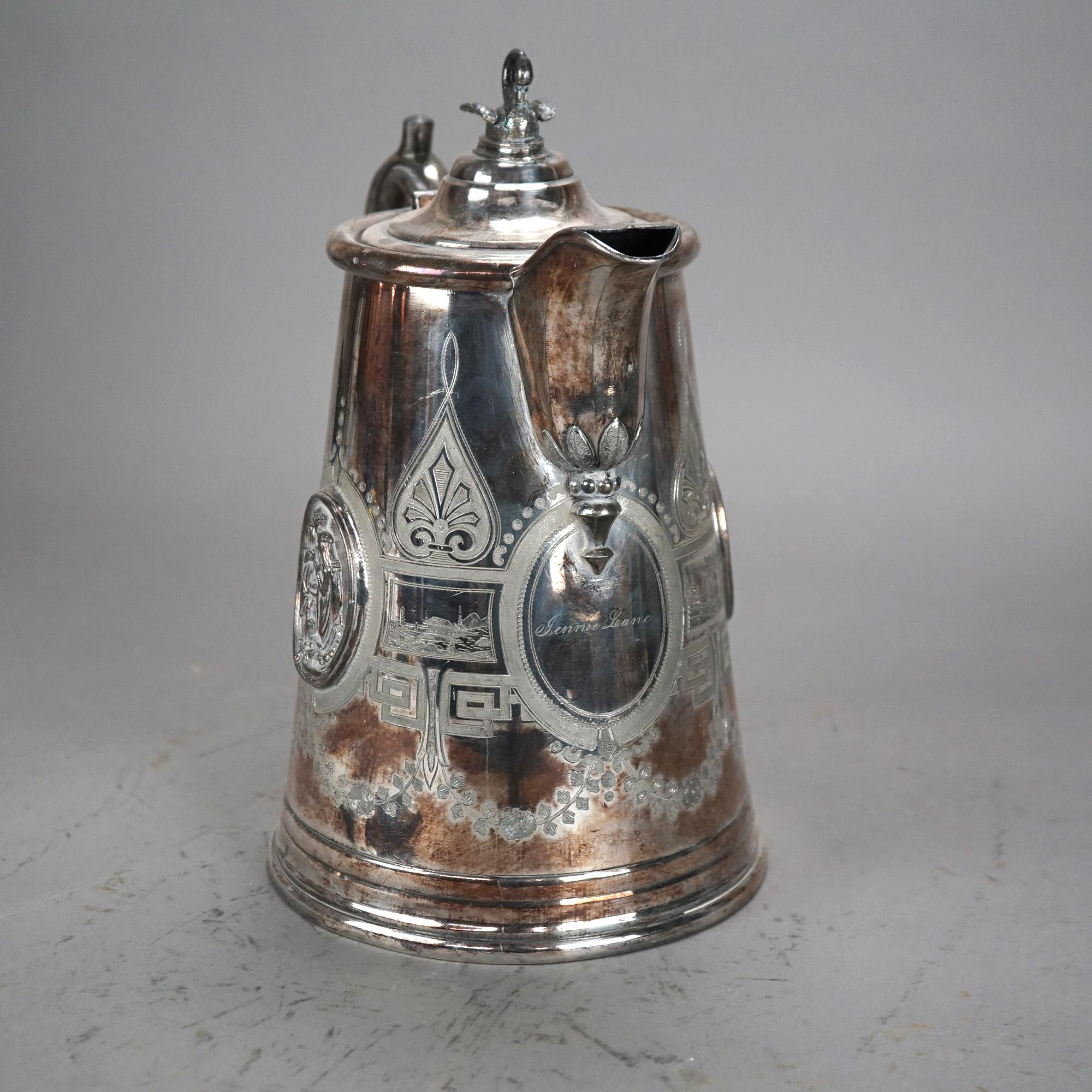Antique Figural & Foliate Engraved Silver Plated Pitcher C1890 For Sale 1
