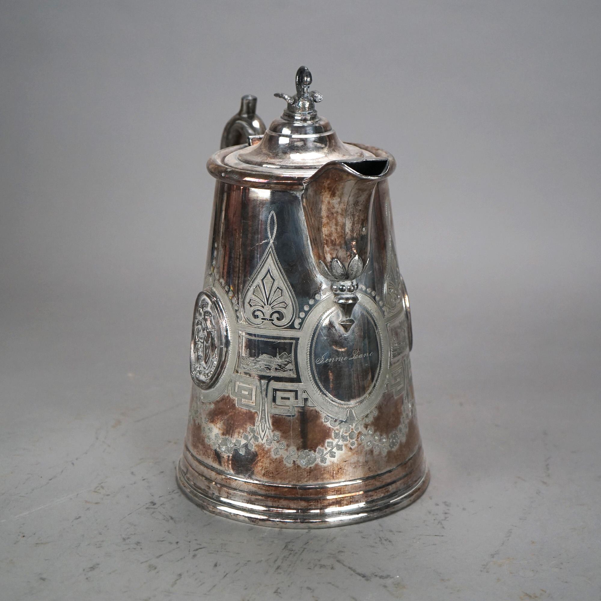 Antique Figural & Foliate Engraved Silver Plated Pitcher C1890 For Sale 2