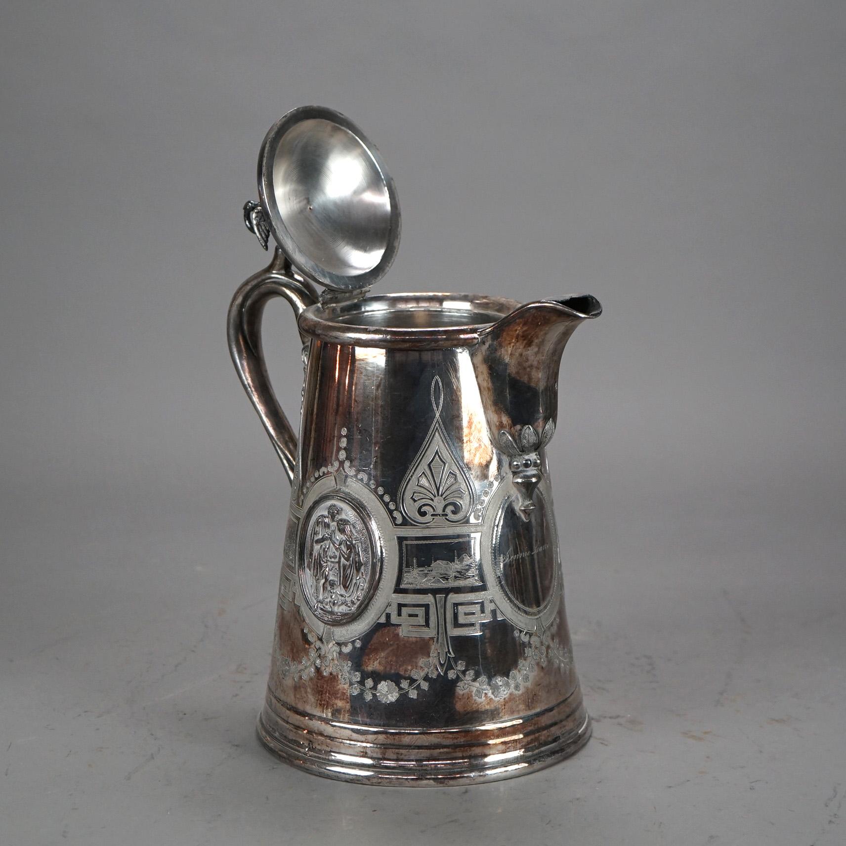 Antique Figural & Foliate Engraved Silver Plated Pitcher C1890 For Sale 5