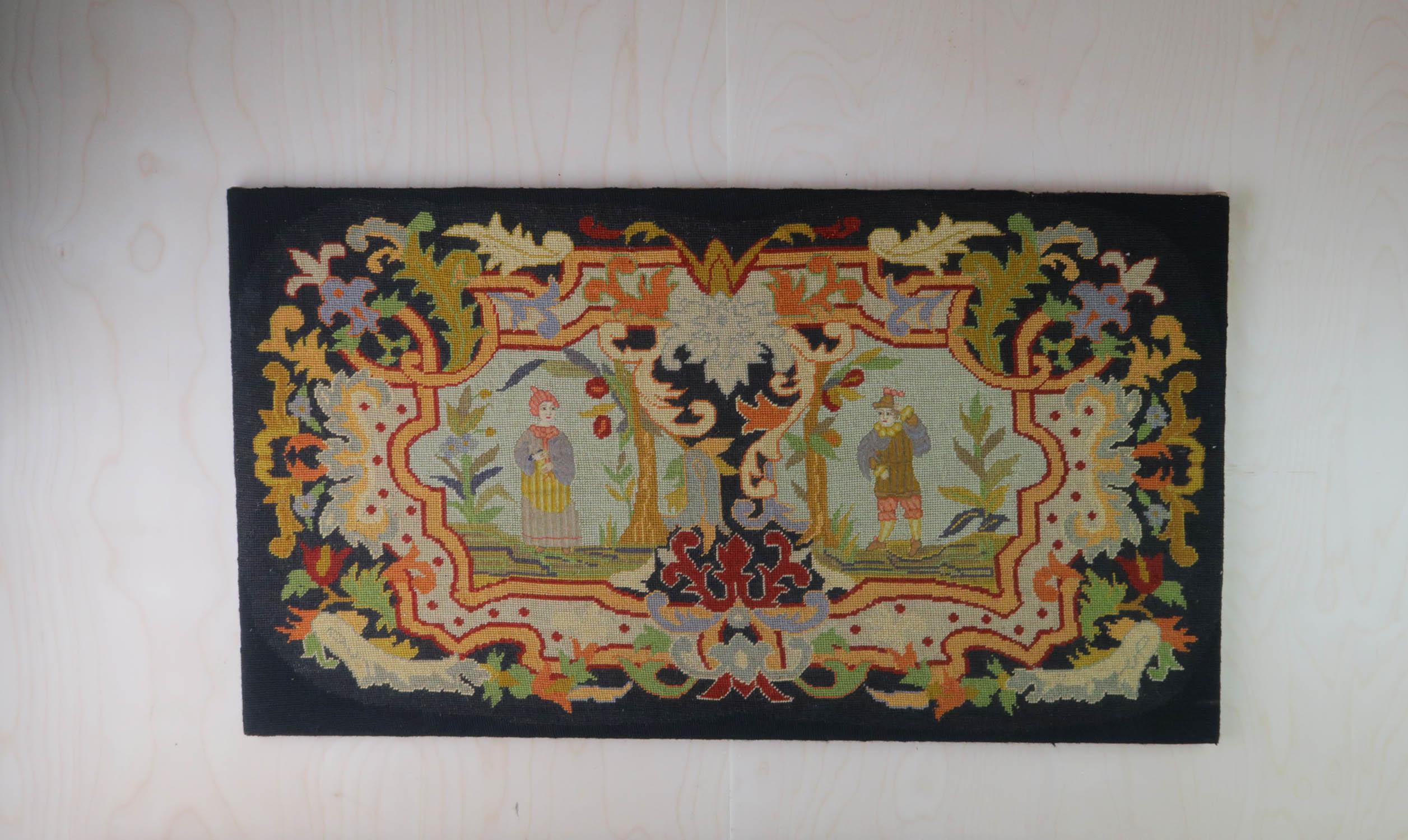 Lovely wool work panel

Possibly German

Strong colours

I particularly like the naive figures

Good condition.

Unframed

Mounted on a later frame with new metal corner brackets

