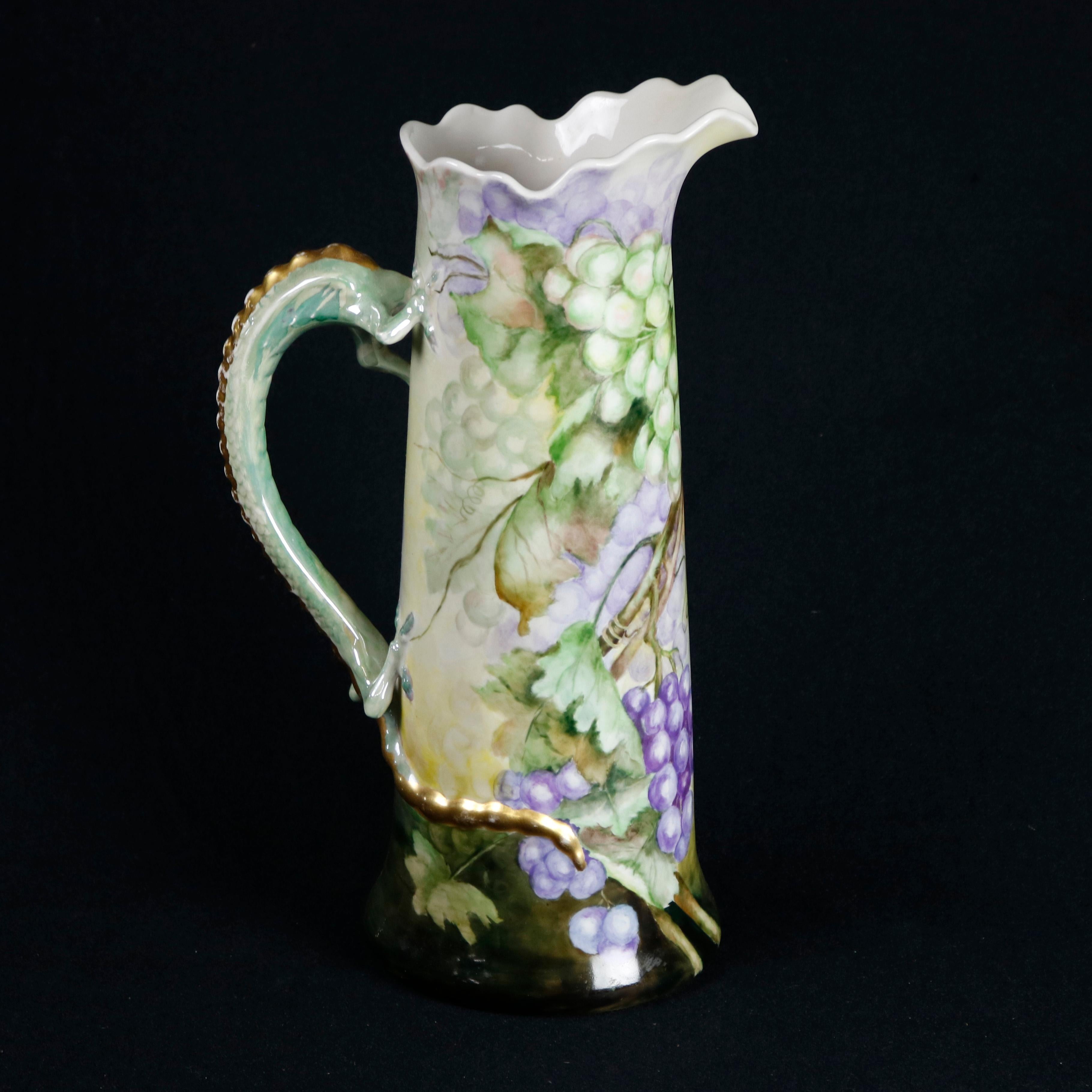 High Victorian Antique Figural French Grape & Leaf Limoges Tankard with Dragon Handle