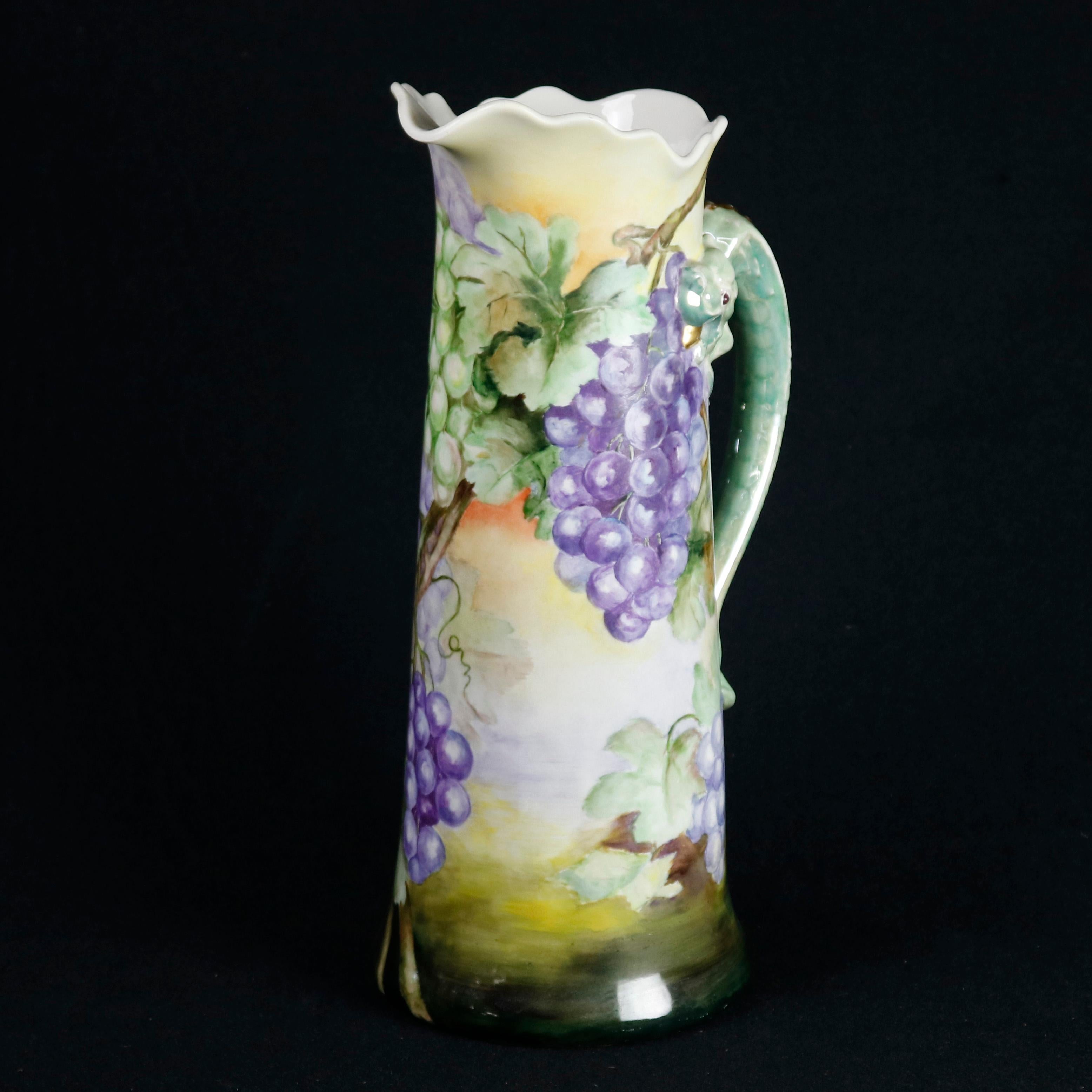 Gilt Antique Figural French Grape & Leaf Limoges Tankard with Dragon Handle