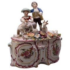 Antique Figural German Meissen School Painted and Gilt Porcelain Dresser Box