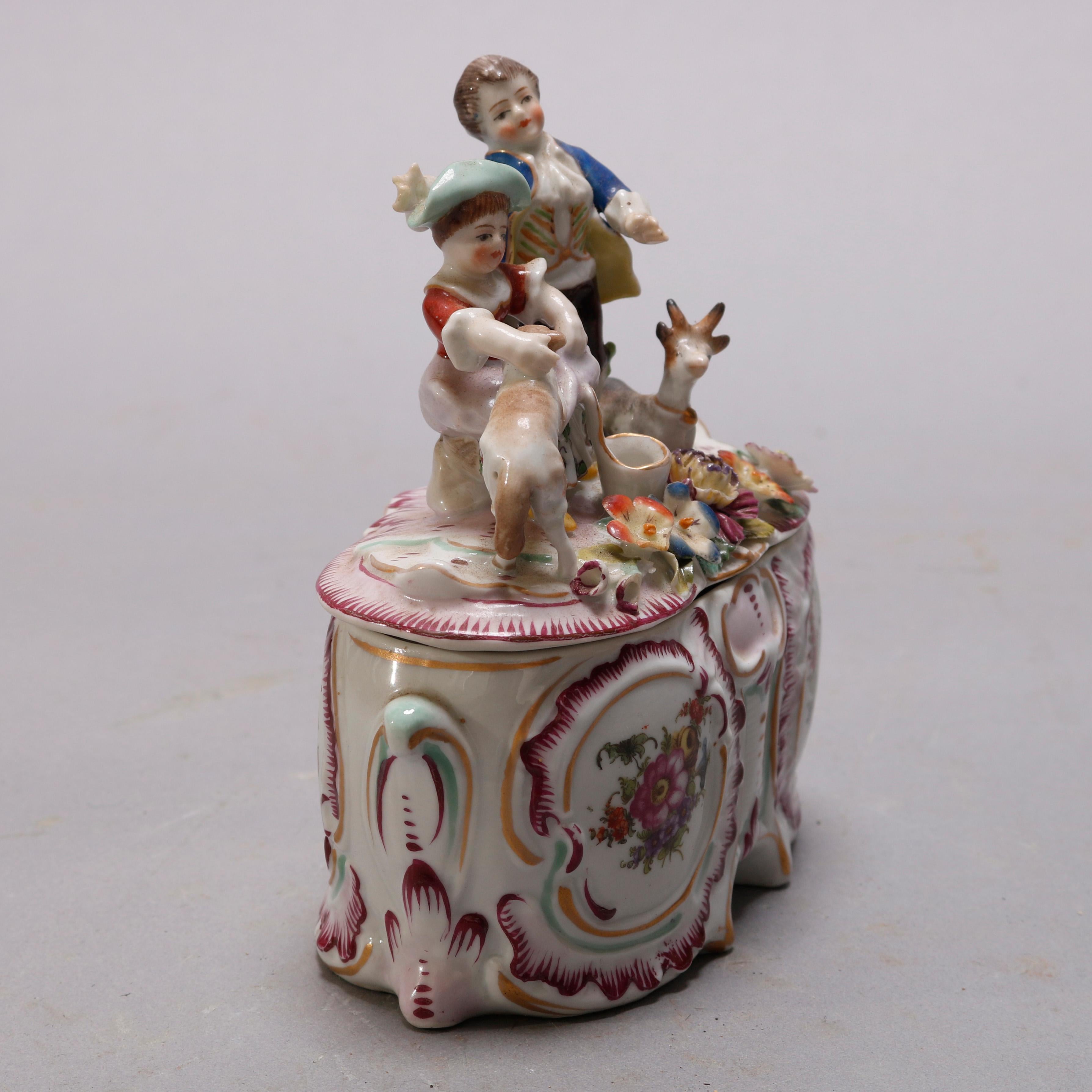 Victorian Antique Figural German Meissen School Painted and Gilt Porcelain Dresser Box