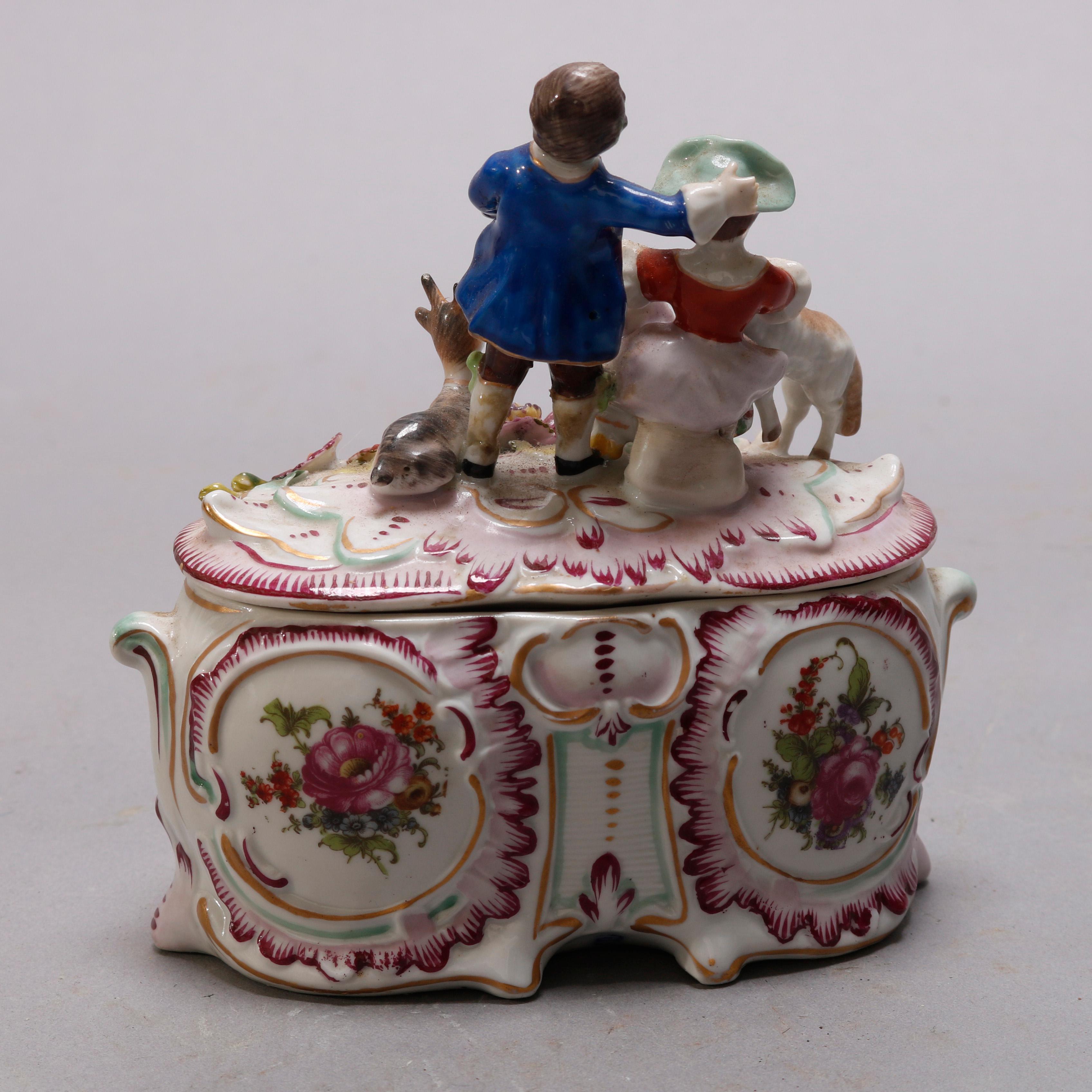 Antique Figural German Meissen School Painted and Gilt Porcelain Dresser Box 1