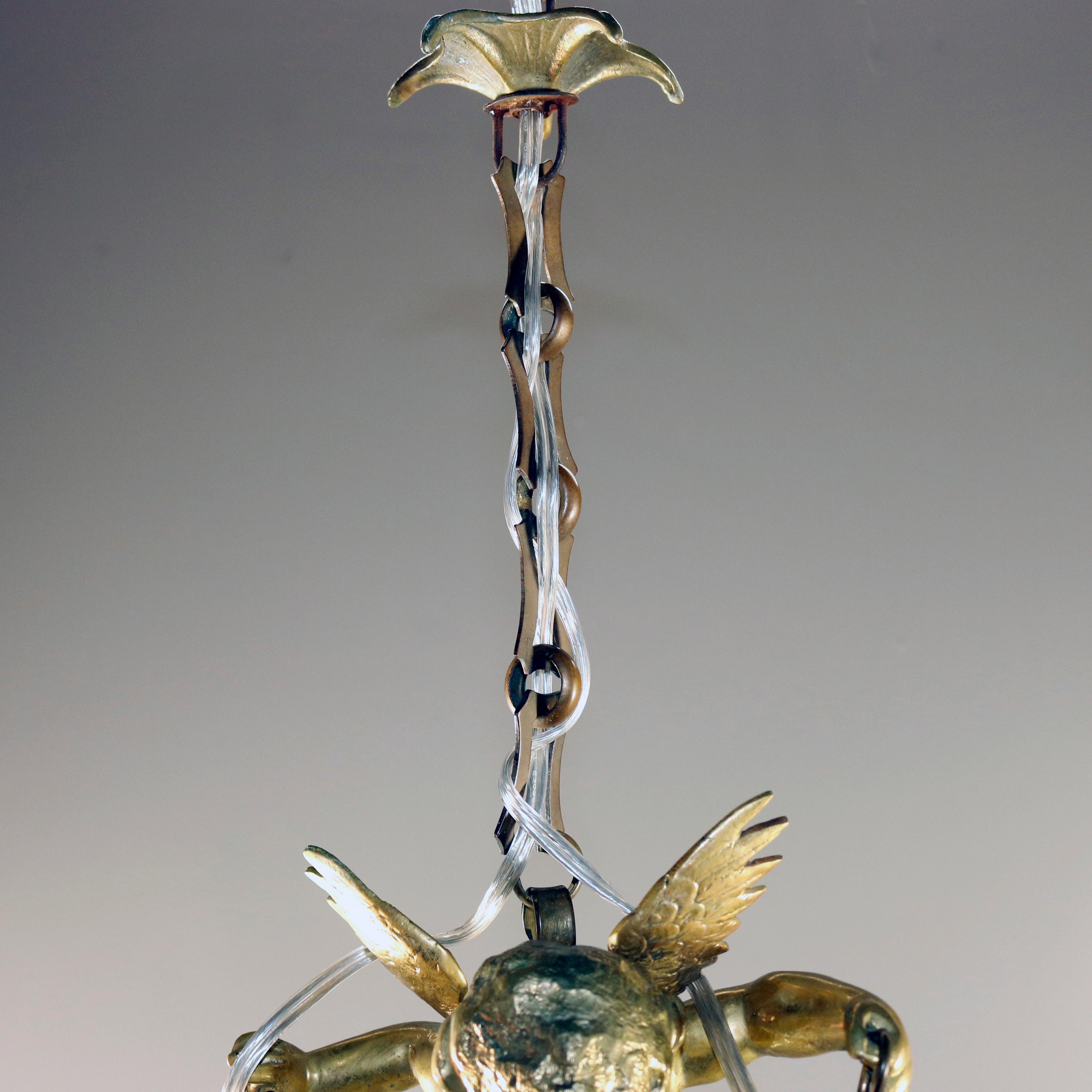 Antique Figural Gilt Bronze Chandelier with Cherub and 2 Lights, circa 1920 In Good Condition In Big Flats, NY
