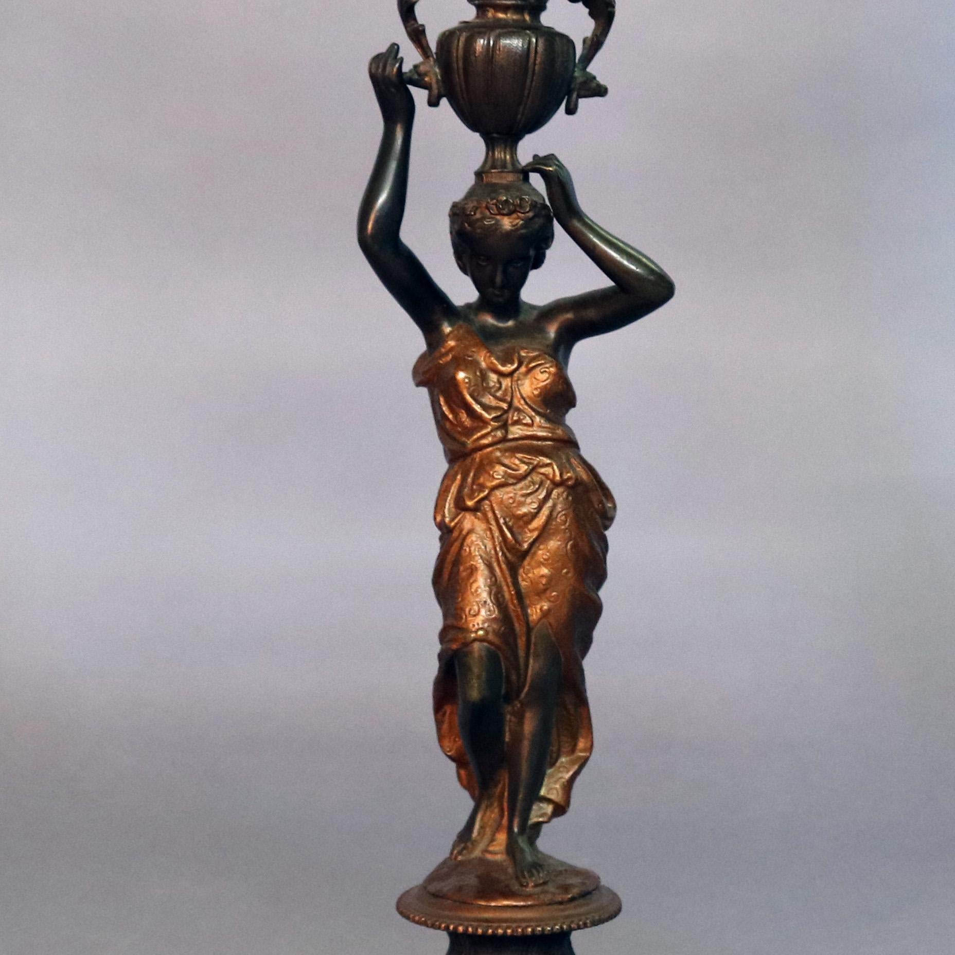 High Victorian Antique Figural Gilt Bronze Gone with the Wind Lamp, Classical Woman, circa 1890