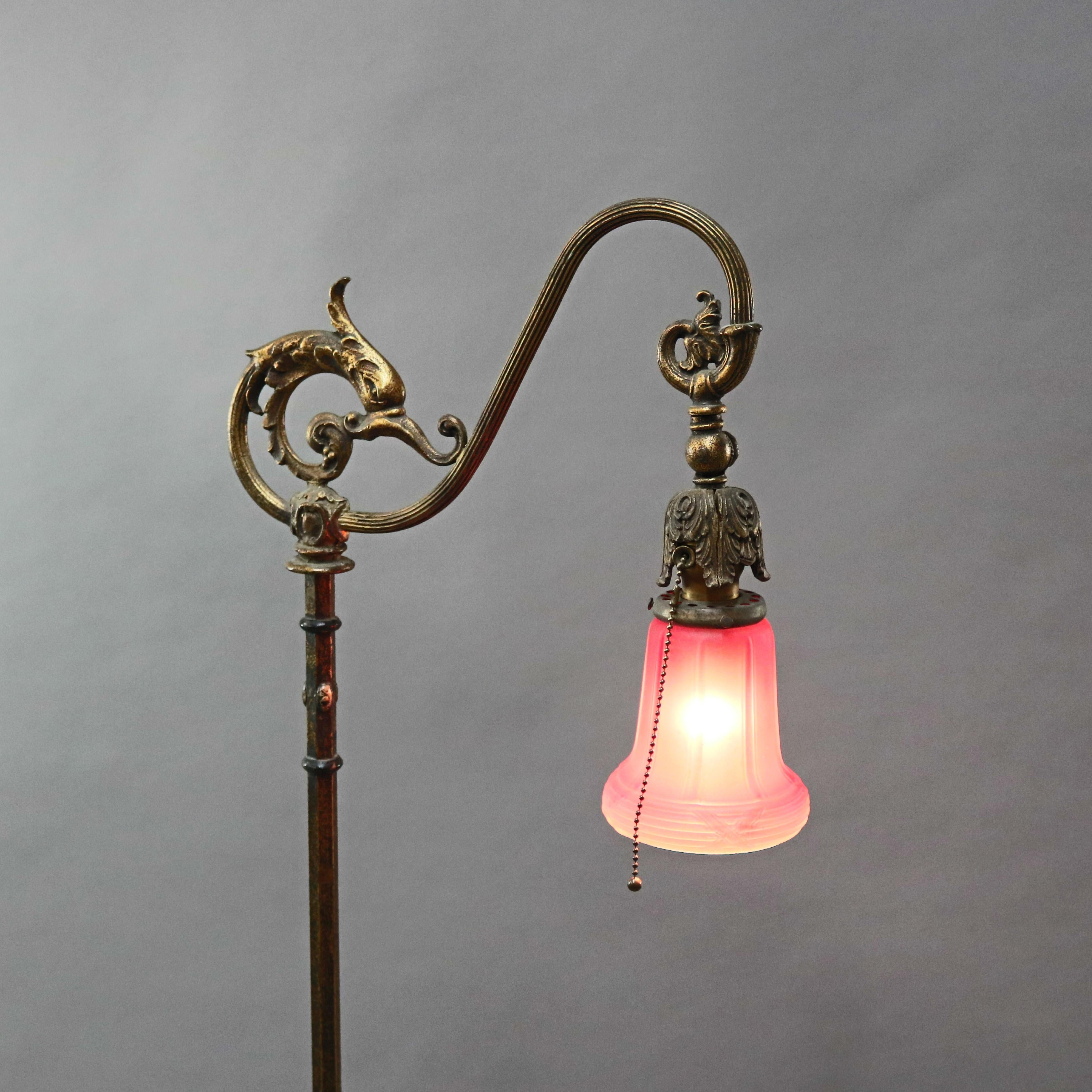 Metal Antique Figural Goose Neck Foliate Pole Floor Lamp with Dolphin, circa 1920
