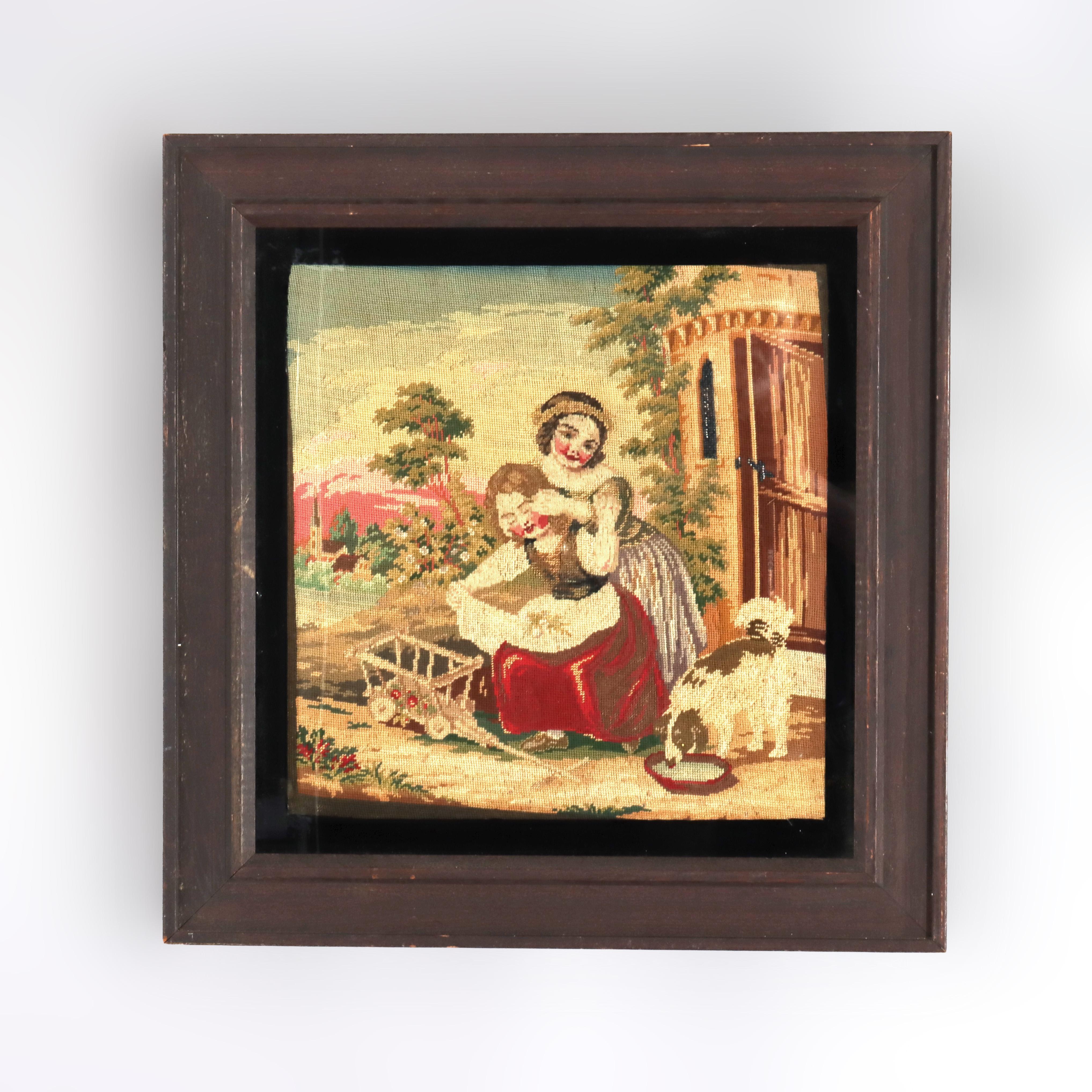Antike Figural Needlepoint Porträt von zwei Frauen & ein Hund C1890 im Angebot