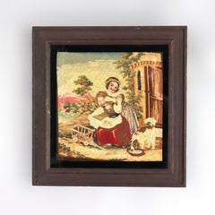 Antique Figural Needlepoint Portrait Of Two Women & A Dog C1890