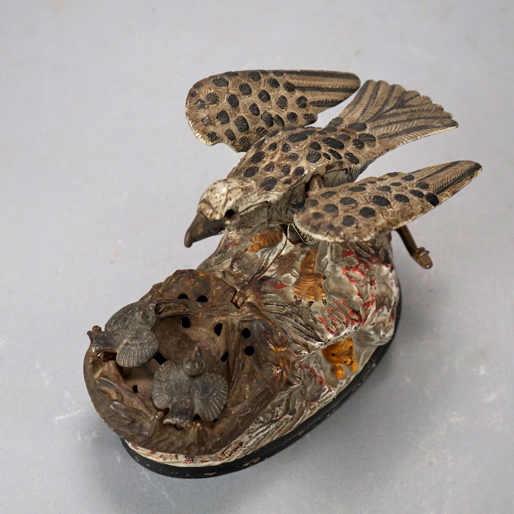 Antique Figural Polychromed Cast Iron Mechanical Bird Bank Circa 1890 In Good Condition In Big Flats, NY