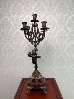 Antique Figural Putti Bronze Candelabra with Marble Base