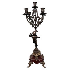 Antique Figural Putti Bronze Candelabra with Marble Base