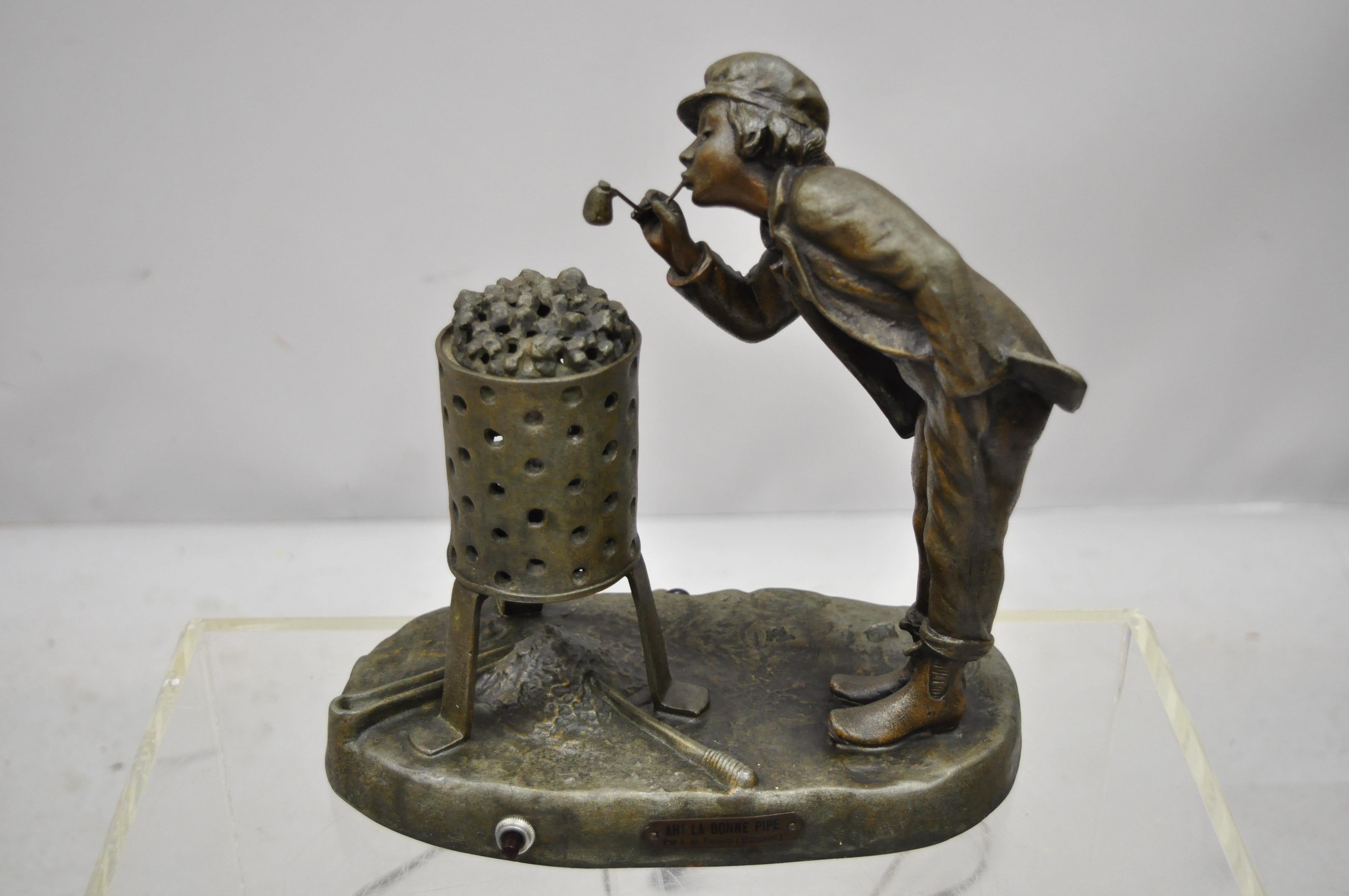 Antique Figural Spelter Metal Ahi La Bonne Pipe Ranieri Statue Art Deco Lamp A 3