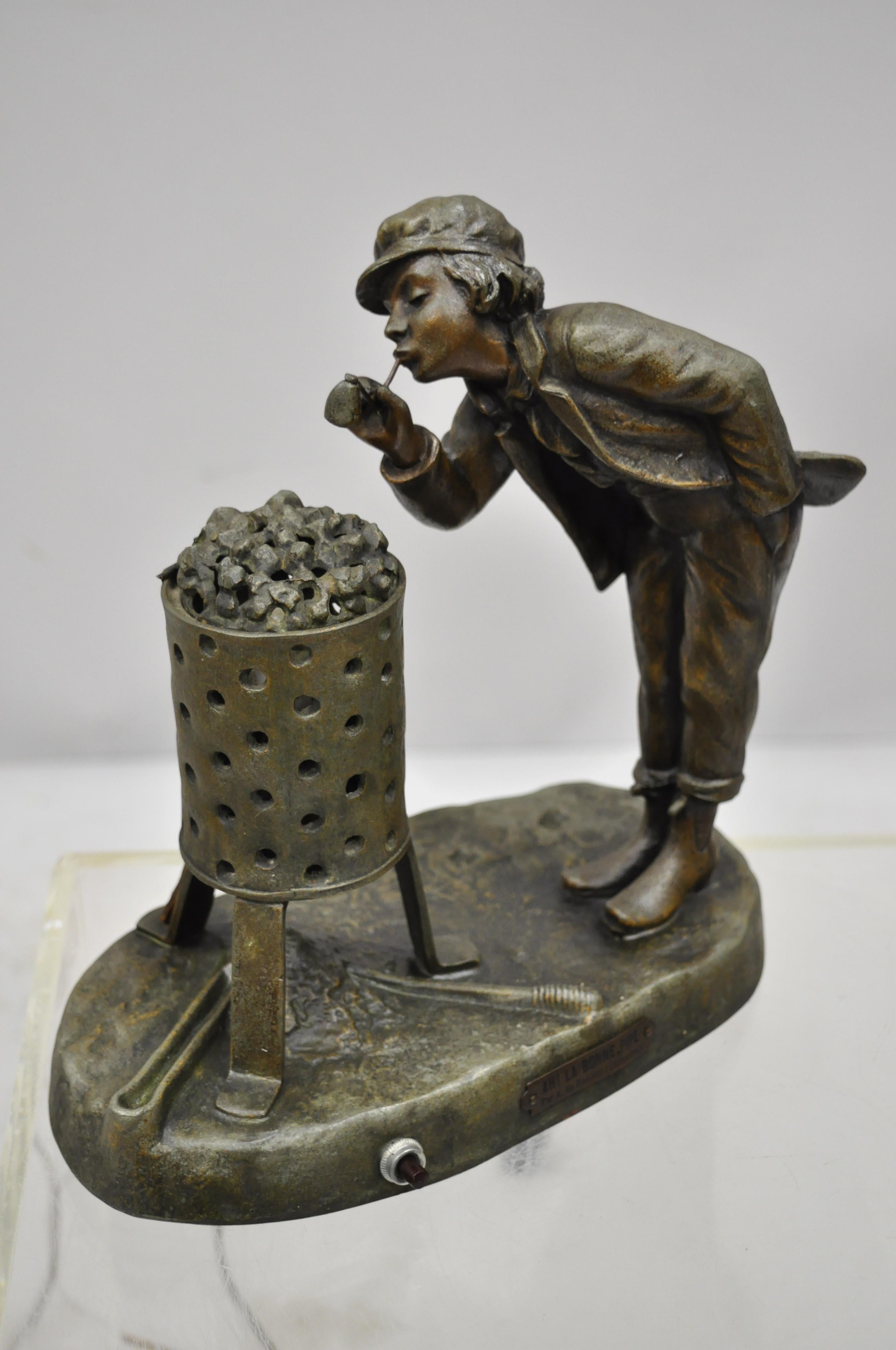 Antique figural Spelter metal Ahi La Bonne Pipe Ranieri statue Art Deco lamp (A). Item includes spelter metal construction, plaque to front reading, 