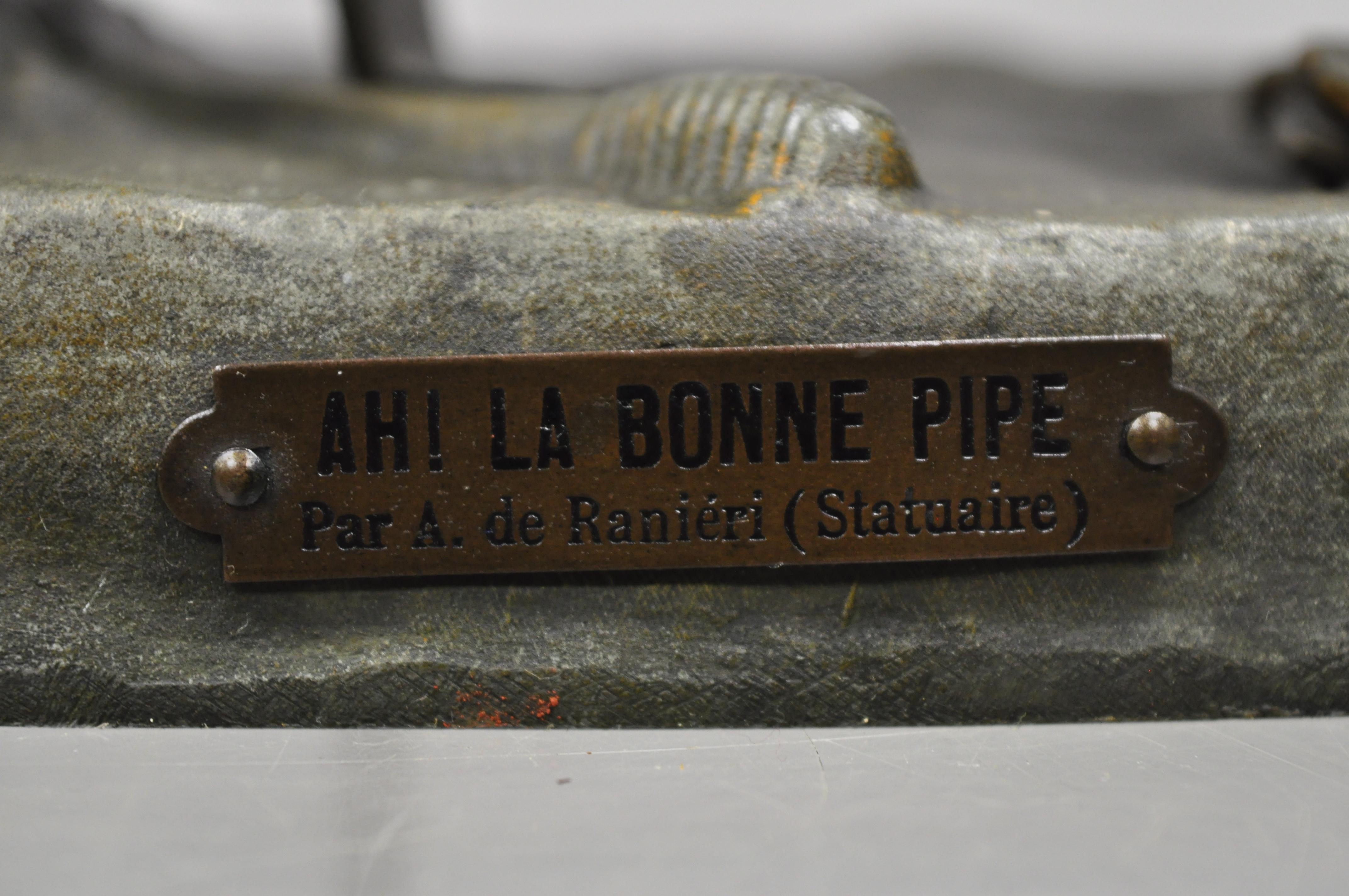 French Antique Figural Spelter Metal Ahi La Bonne Pipe Ranieri Statue Art Deco Lamp A