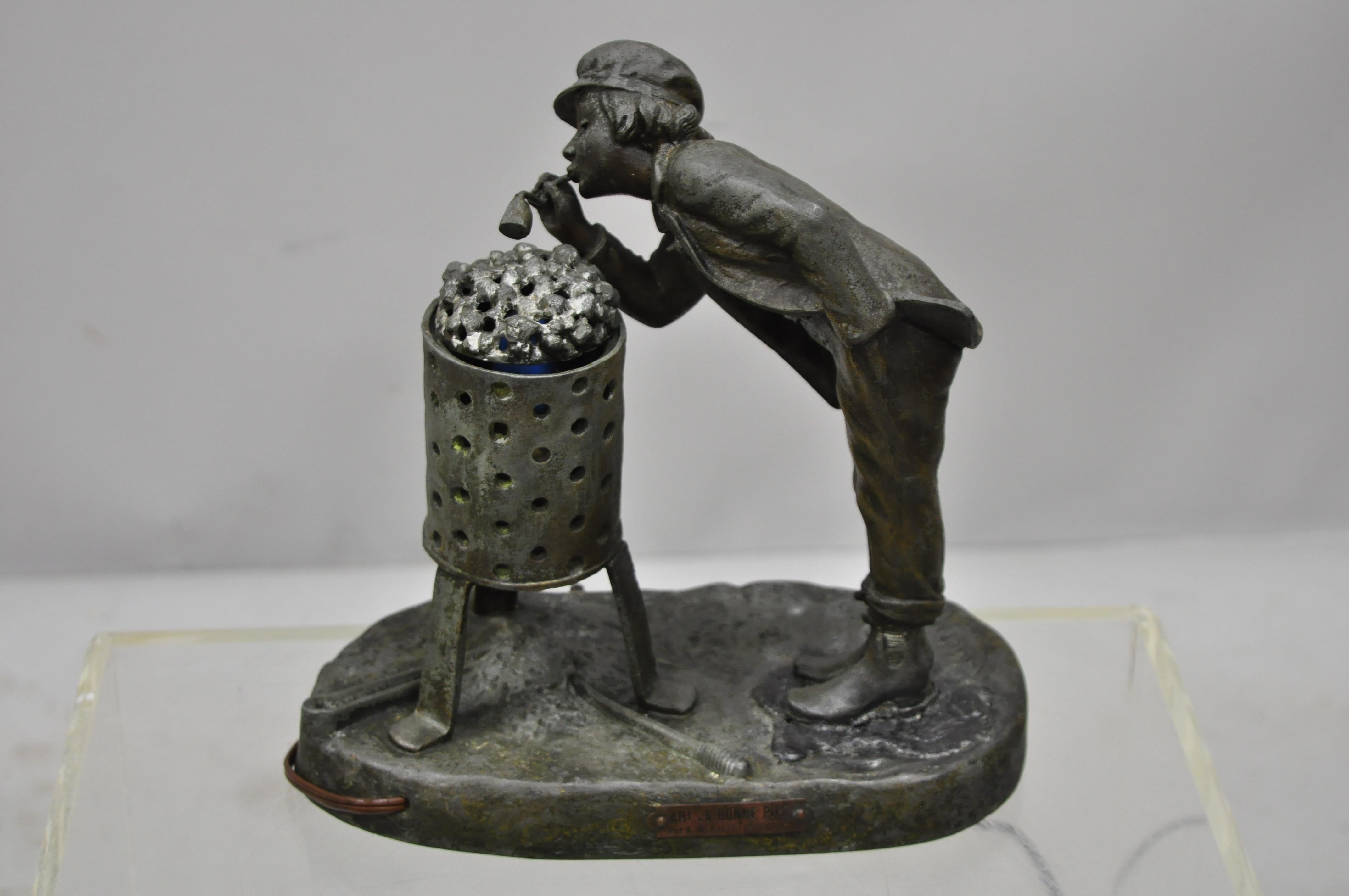 Antike Figur aus Zinn Metall Ahi La Bonne Pipe Ranieri Statue Art Deco Lampe B im Angebot 5