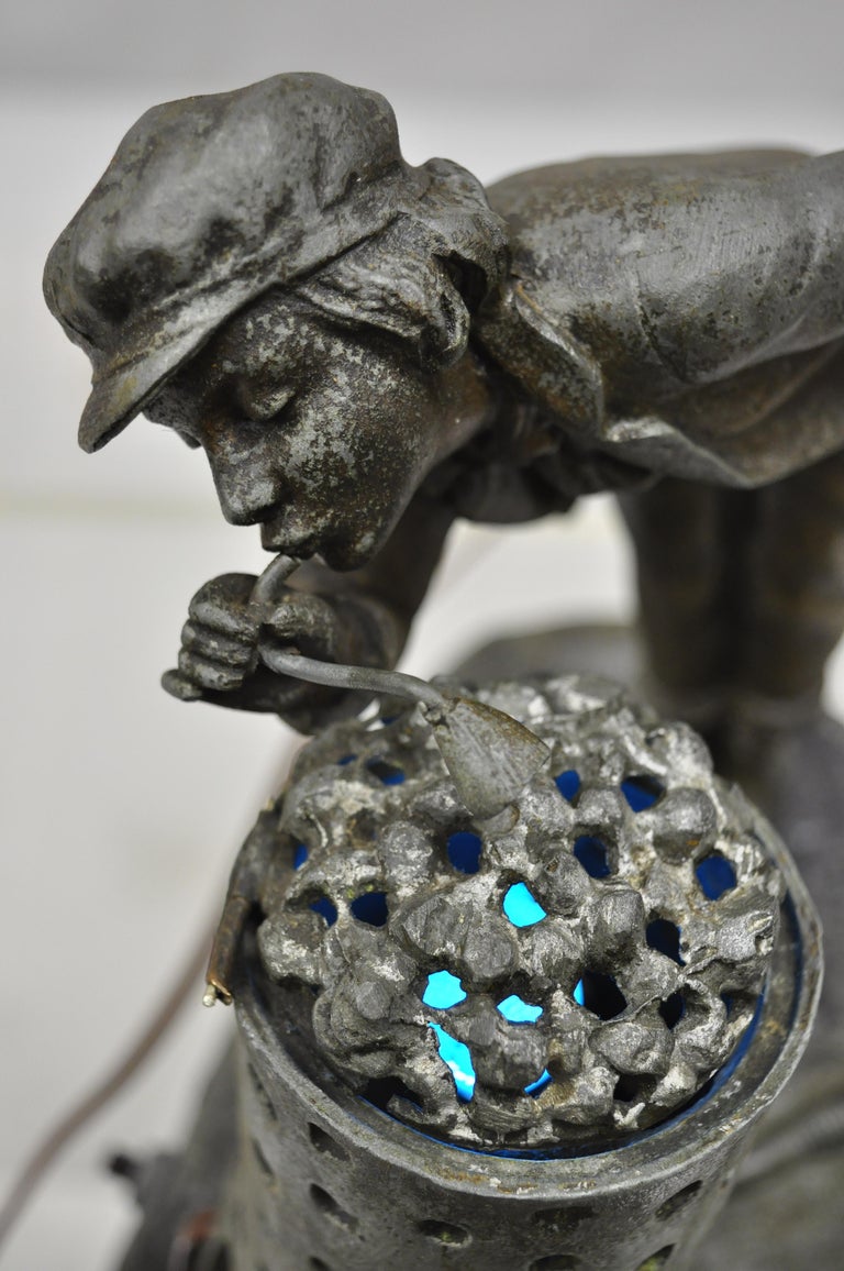 French Antique Figural Spelter Metal Ahi La Bonne Pipe Ranieri Statue Art Deco Lamp B For Sale