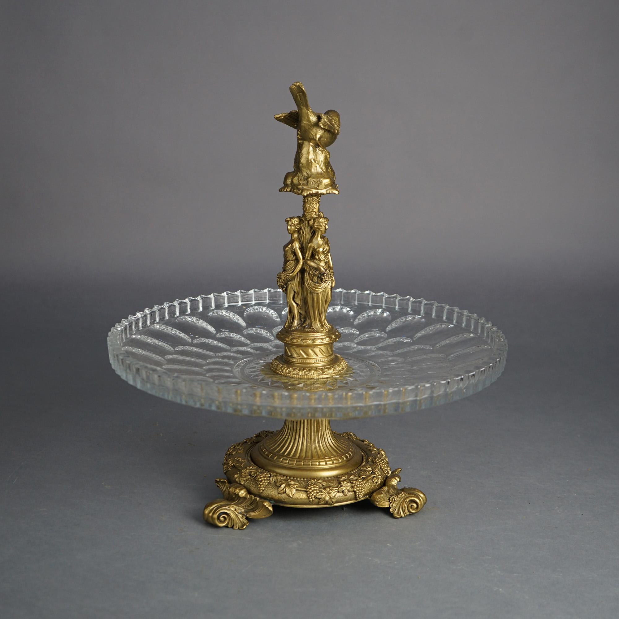 Antique Figural Three Graces Gilt Bronze & Cut Glass Tazza Centerpiece C1890 In Good Condition For Sale In Big Flats, NY