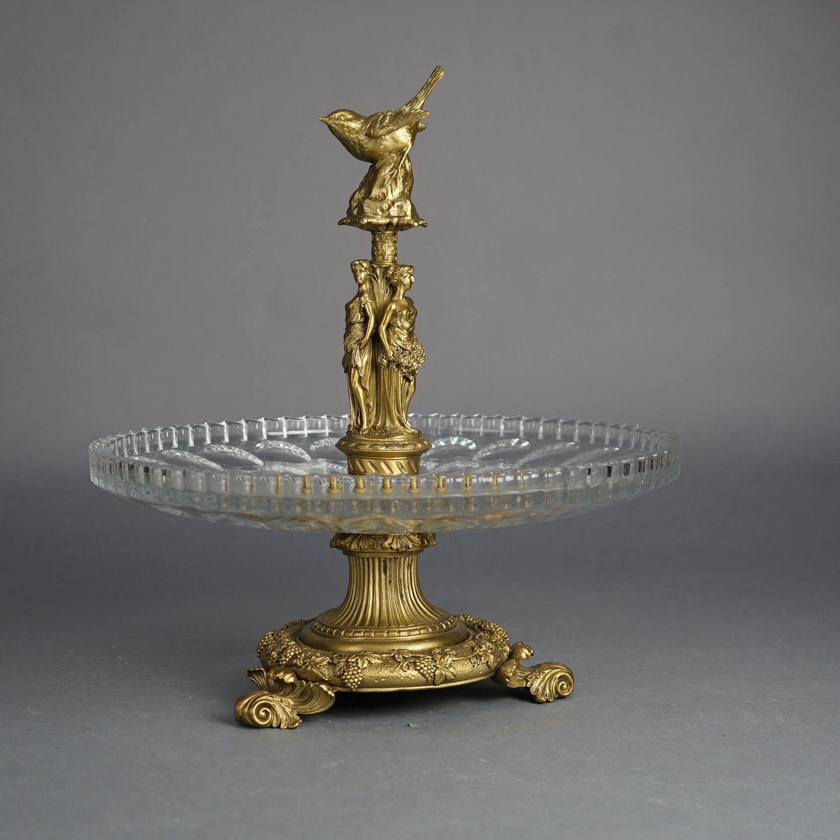 Antike Figural Drei Grazien Vergoldete Bronze & geschliffenes Glas Tazza Tafelaufsatz C1890 im Angebot 1