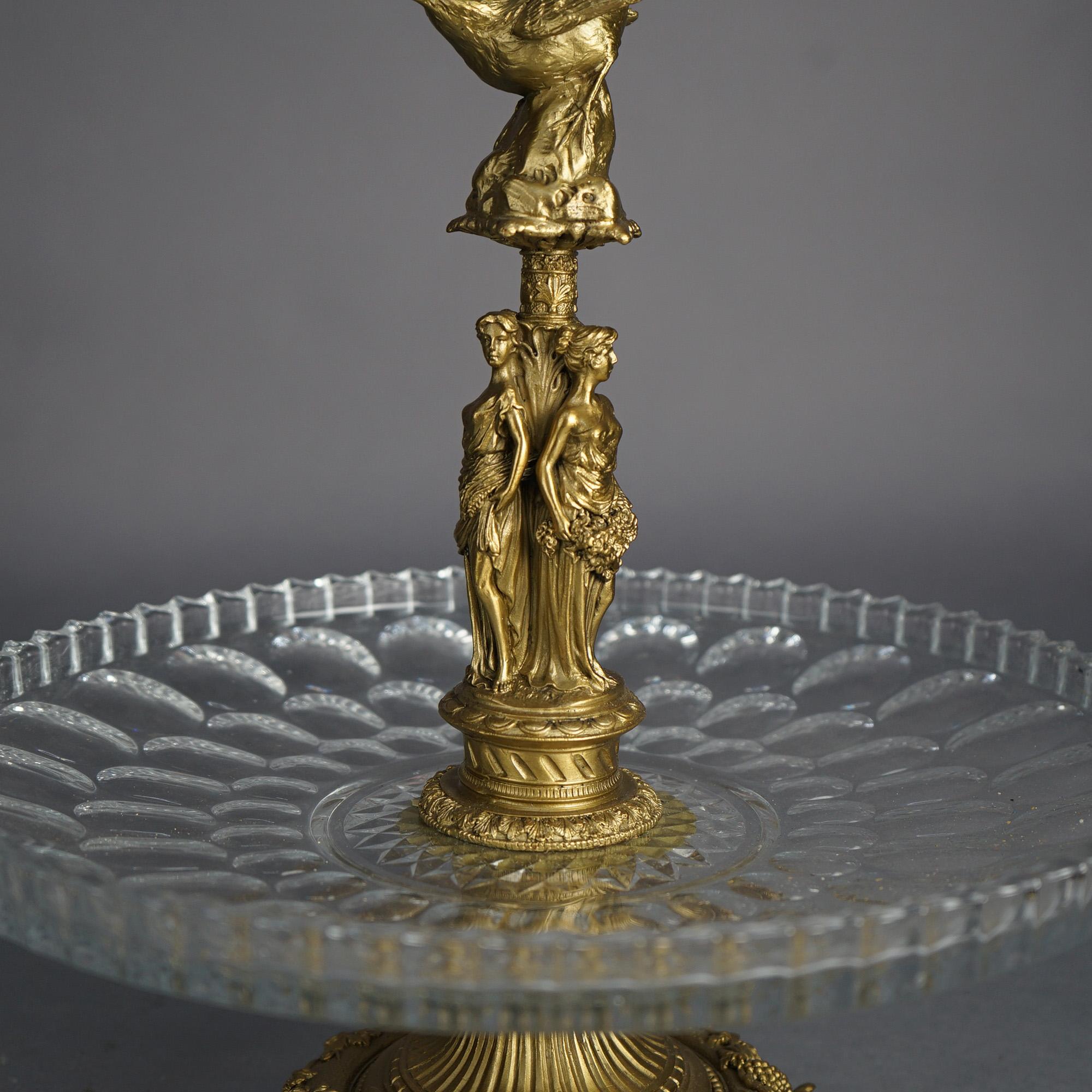 Antique Figural Three Graces Gilt Bronze & Cut Glass Tazza Centerpiece C1890 5