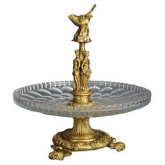 Centre de table Tazza antique des Trois Grâces en bronze doré et verre taillé C1890