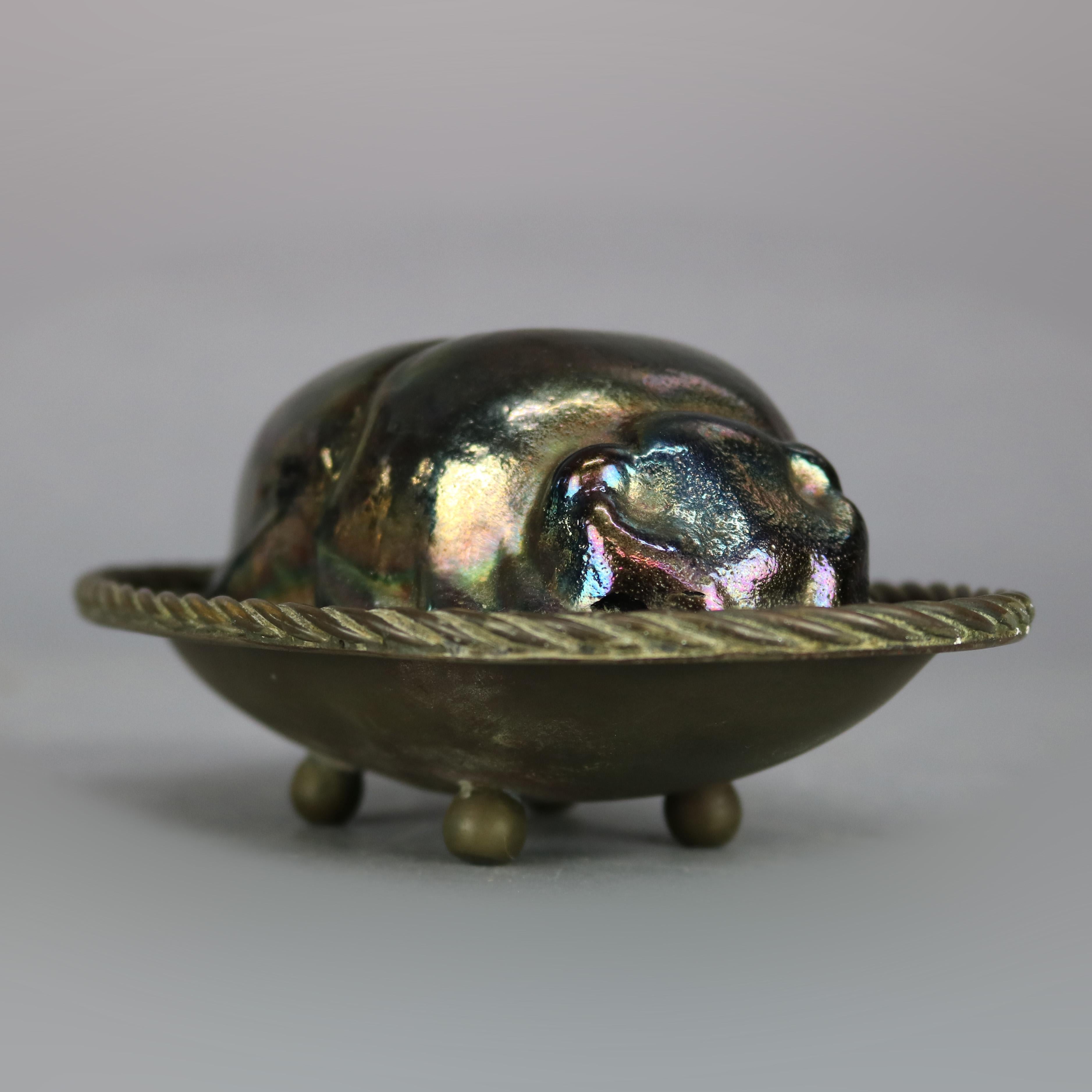 Arts and Crafts Antique Bronze & Art Glass Scarab Sculpture After Tiffany, 20th C