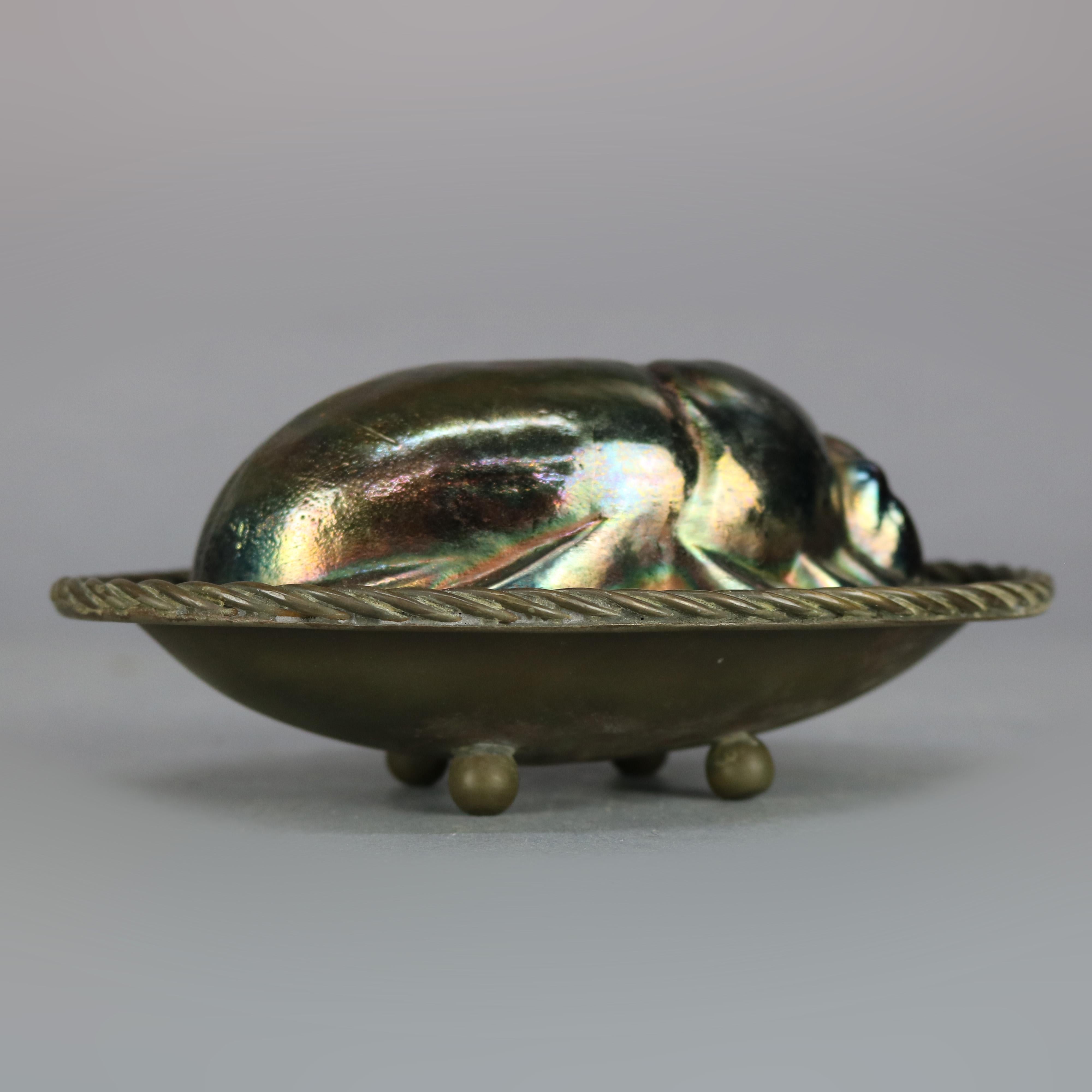 American Antique Bronze & Art Glass Scarab Sculpture After Tiffany, 20th C