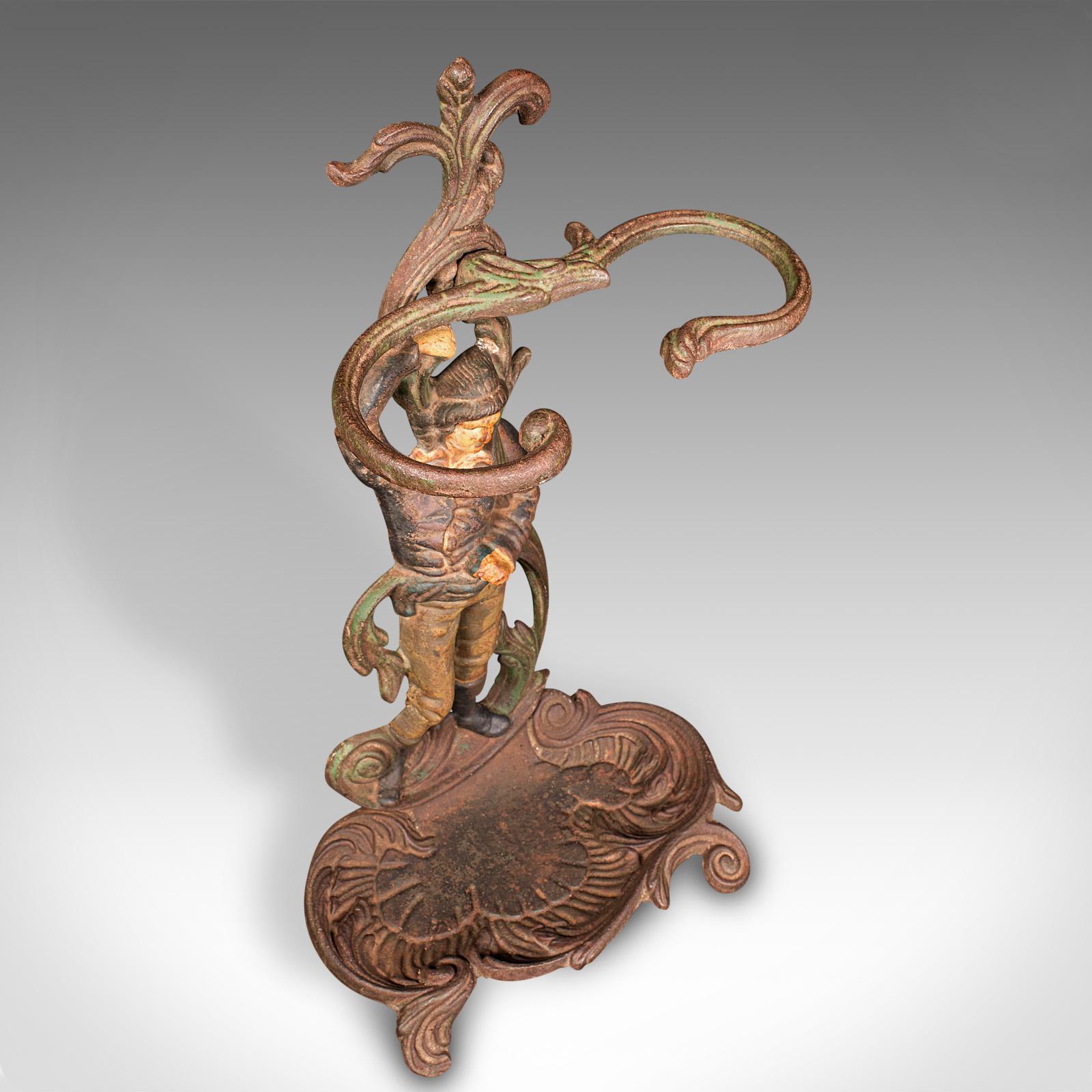 Iron Antique Figural Umbrella Stand, French, Painted, Decorative Hall Rack, Victorian For Sale