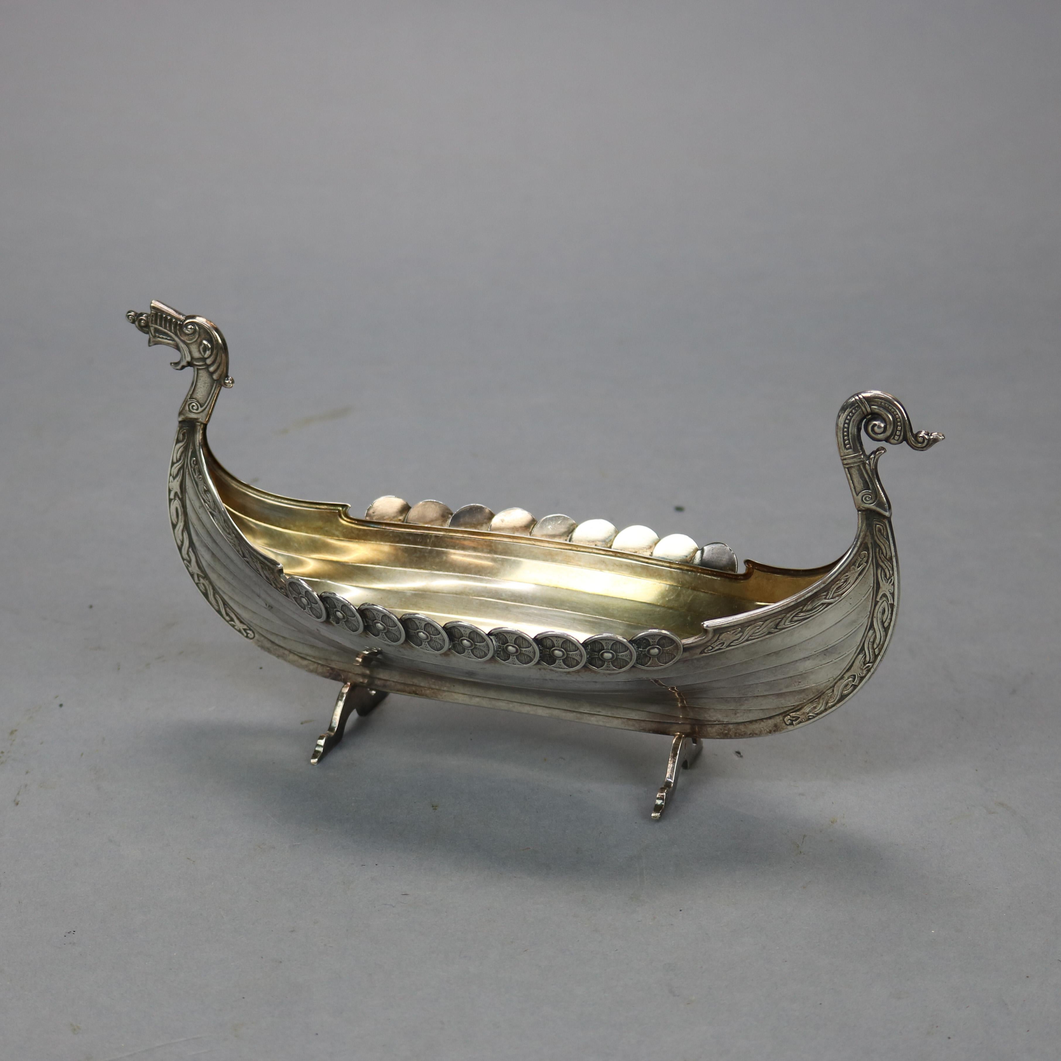 Cast Antique Figural Viking Ship Sterling Silver Sauce Boat, Circa 1910