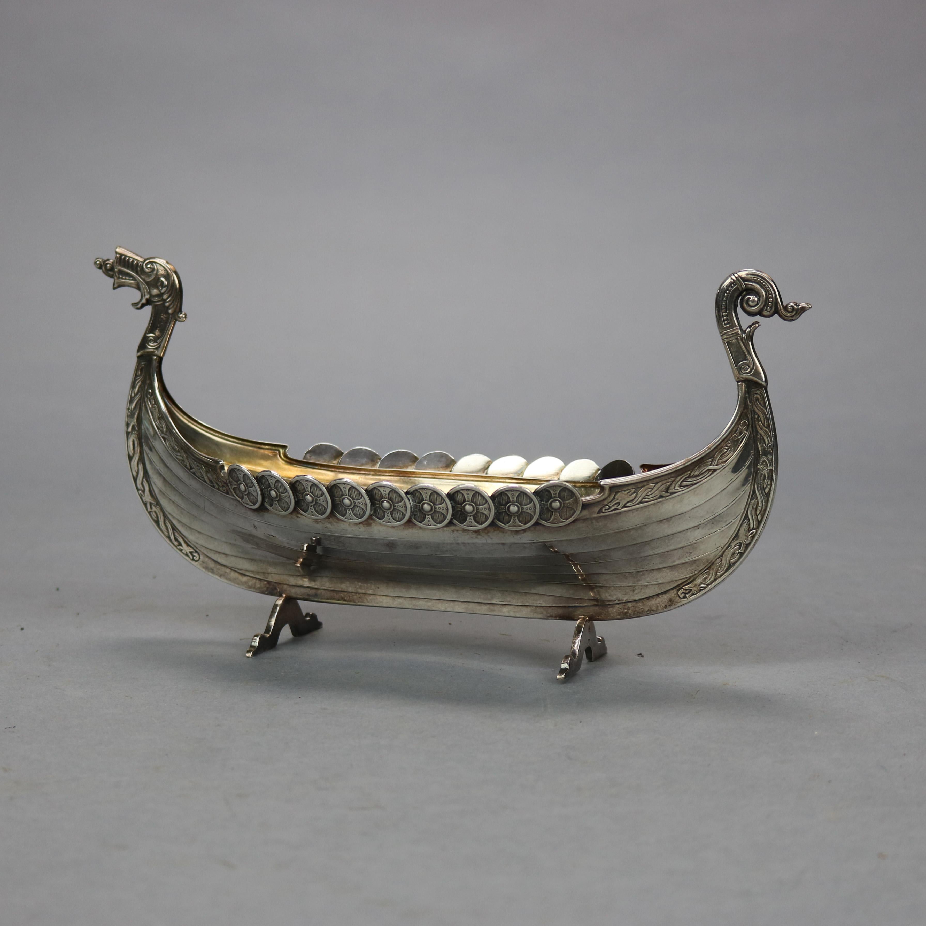 Antique Figural Viking Ship Sterling Silver Sauce Boat, Circa 1910 In Good Condition In Big Flats, NY