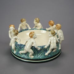Antique Figural Wilhelm Majolica Pottery Center Bowl with Classical Putti, c1900