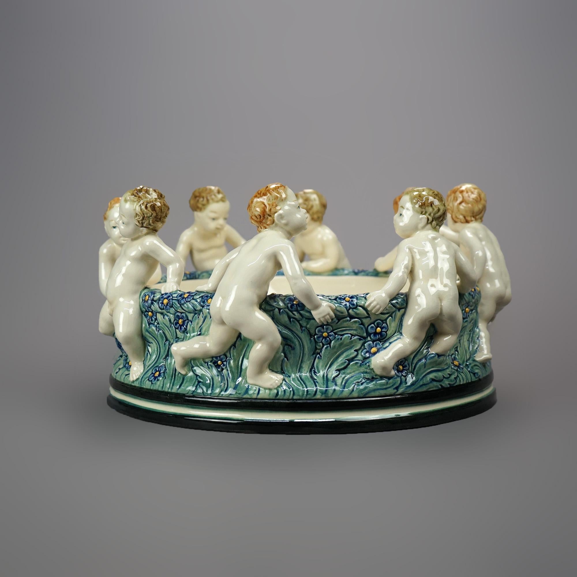 Classical Greek Antique Figural Wilhelm Majolica Pottery Center Bowl with Classical Putti, c1900