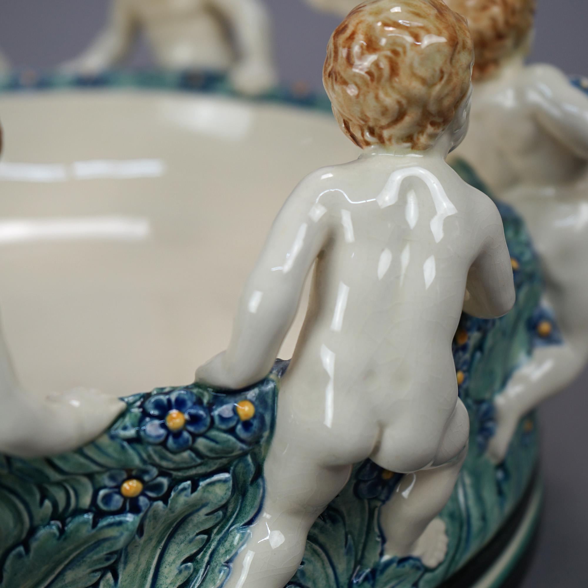 20th Century Antique Figural Wilhelm Majolica Pottery Center Bowl with Classical Putti, c1900