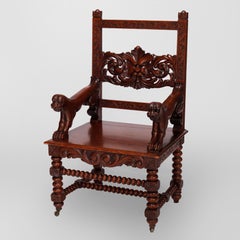 Antique Figural Wind God Carved Oak Throne Arm Chair circa 1910
