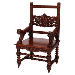 Antique Figural Wind God Carved Oak Throne Arm Chair circa 1910