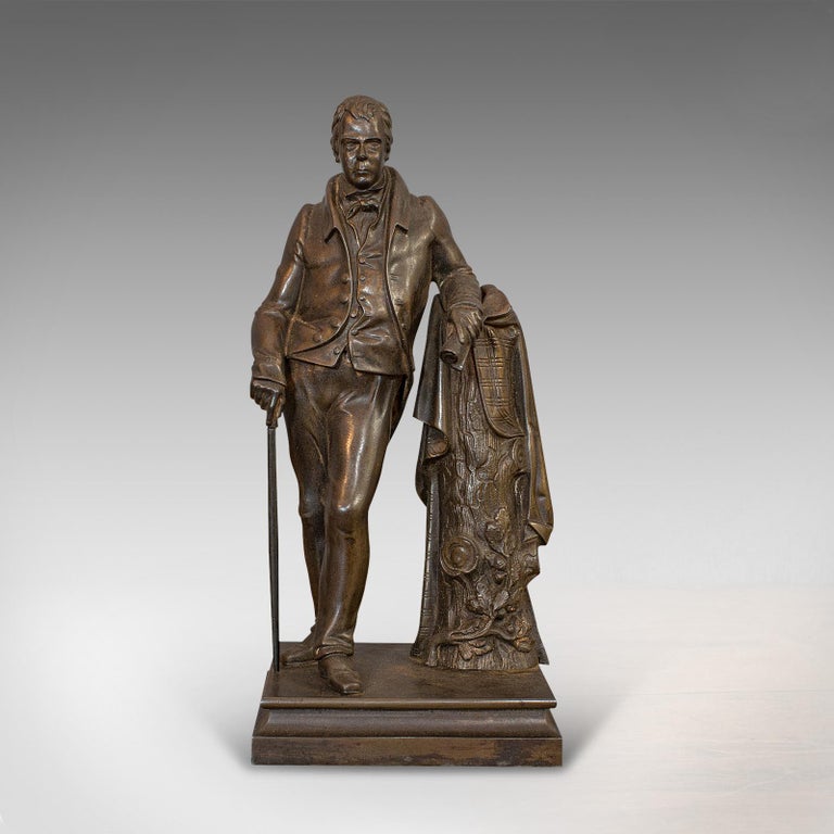 This is an antique figure of Sir Walter Scott. A British, bronze statue of the famous poet, dating to the Victorian period, circa 1880.

One of Scotland's most celebrated sons
Displays a desirable aged patina
Bronze figure shows great color and