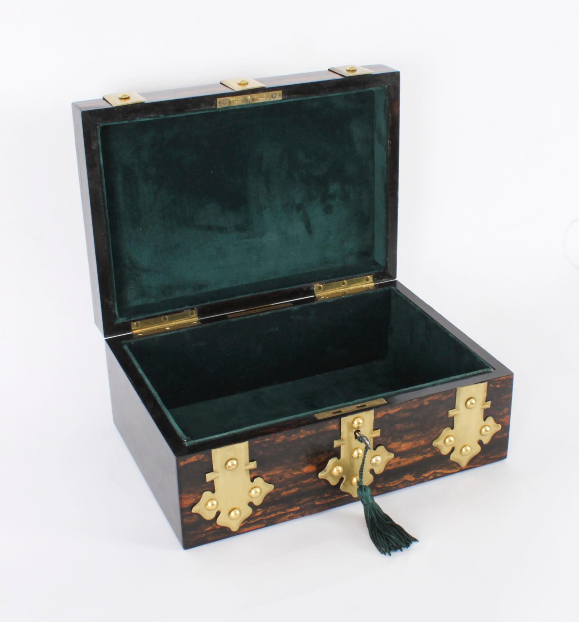This is a magnificent antique brass bound coromandel Victorian Gothic Revival casket by Parkins and Gotto, 24 & 25 Oxford Street, London,  circa 1860 in date.

The rectangular box features studded brass bands terminating in fleur de lys appliqués,