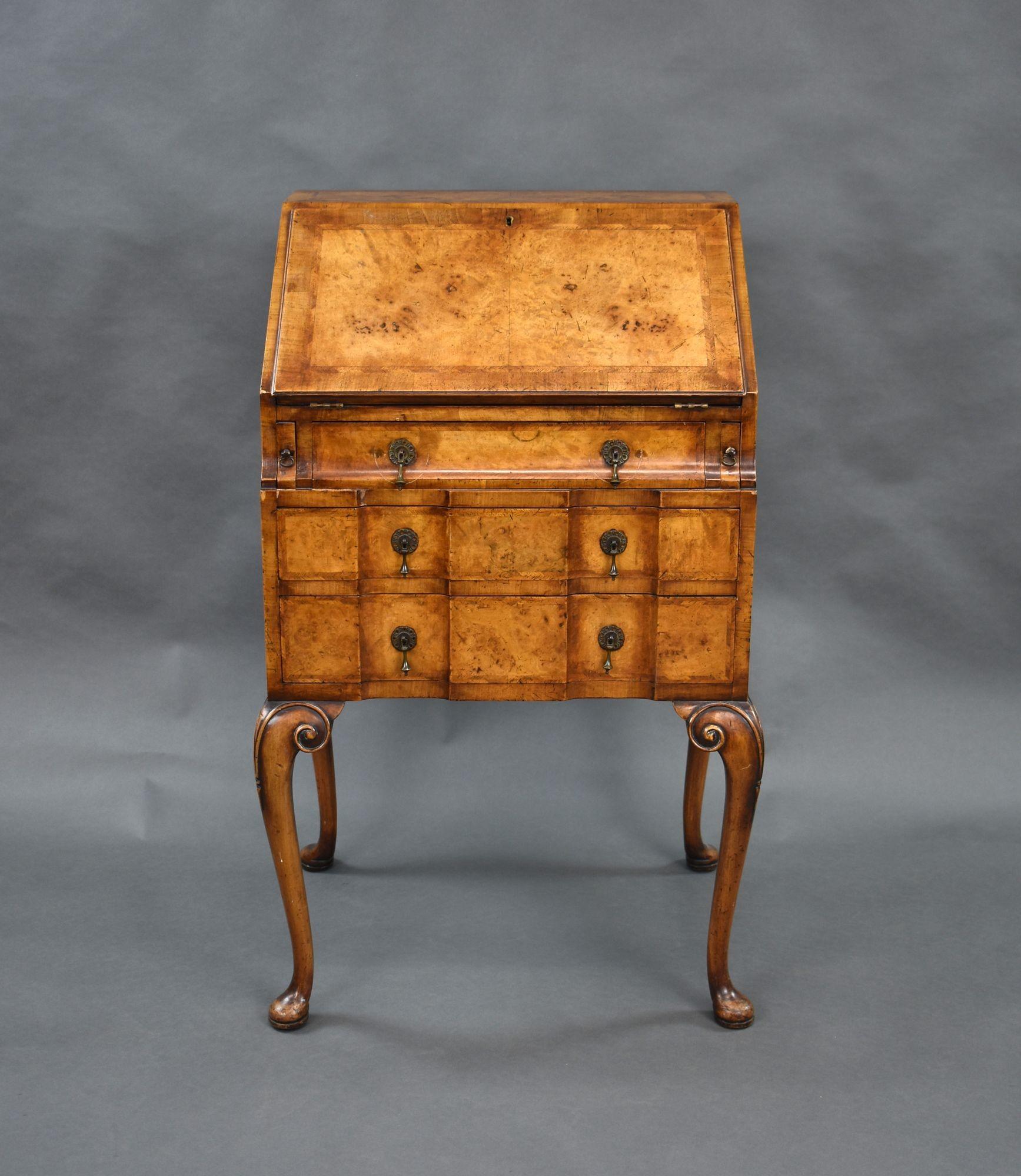 For sale is a good quality antique figured walnut bureau, having a fall front opening to a fitted interior, above three oak lined drawers, standing on elegant cabriole legs the bureau remains in very good condition, showing minor signs of wear